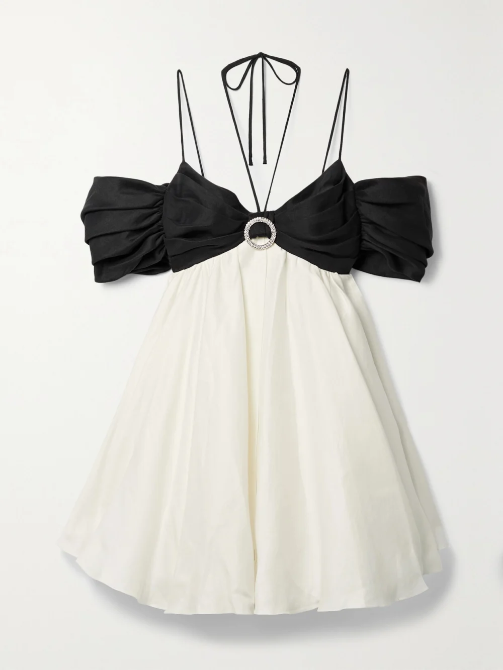Rasario Crystal-embellished Ruched Two-tone Linen-blend Halterneck Mini Dress in black