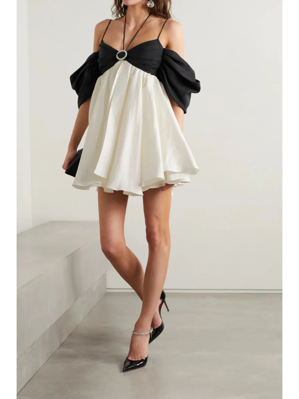 Rasario Crystal-embellished Ruched Two-tone Linen-blend Halterneck Mini Dress, worn by a model