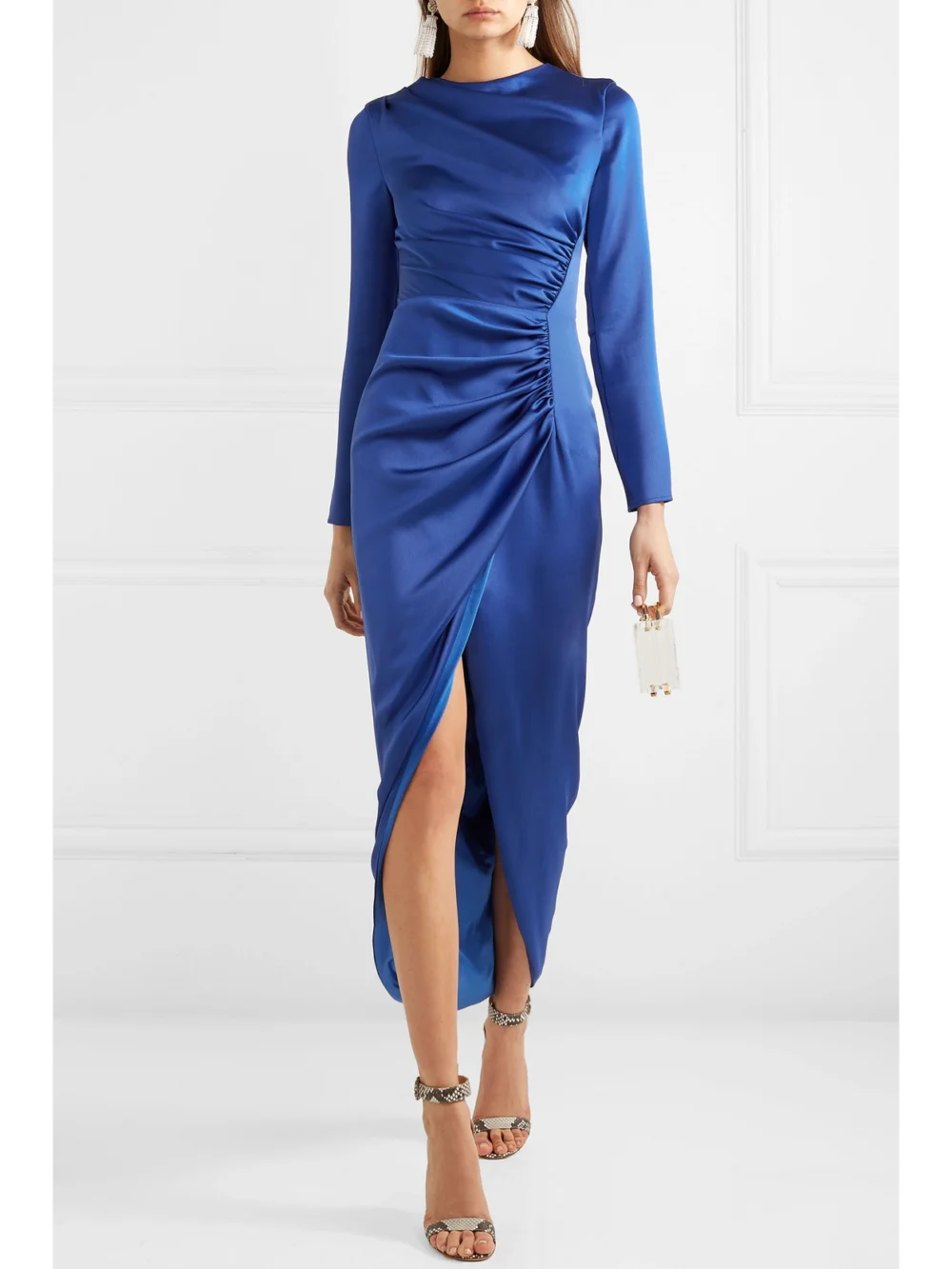 Rasario Gathered Satin Midi Dress, worn by a model
