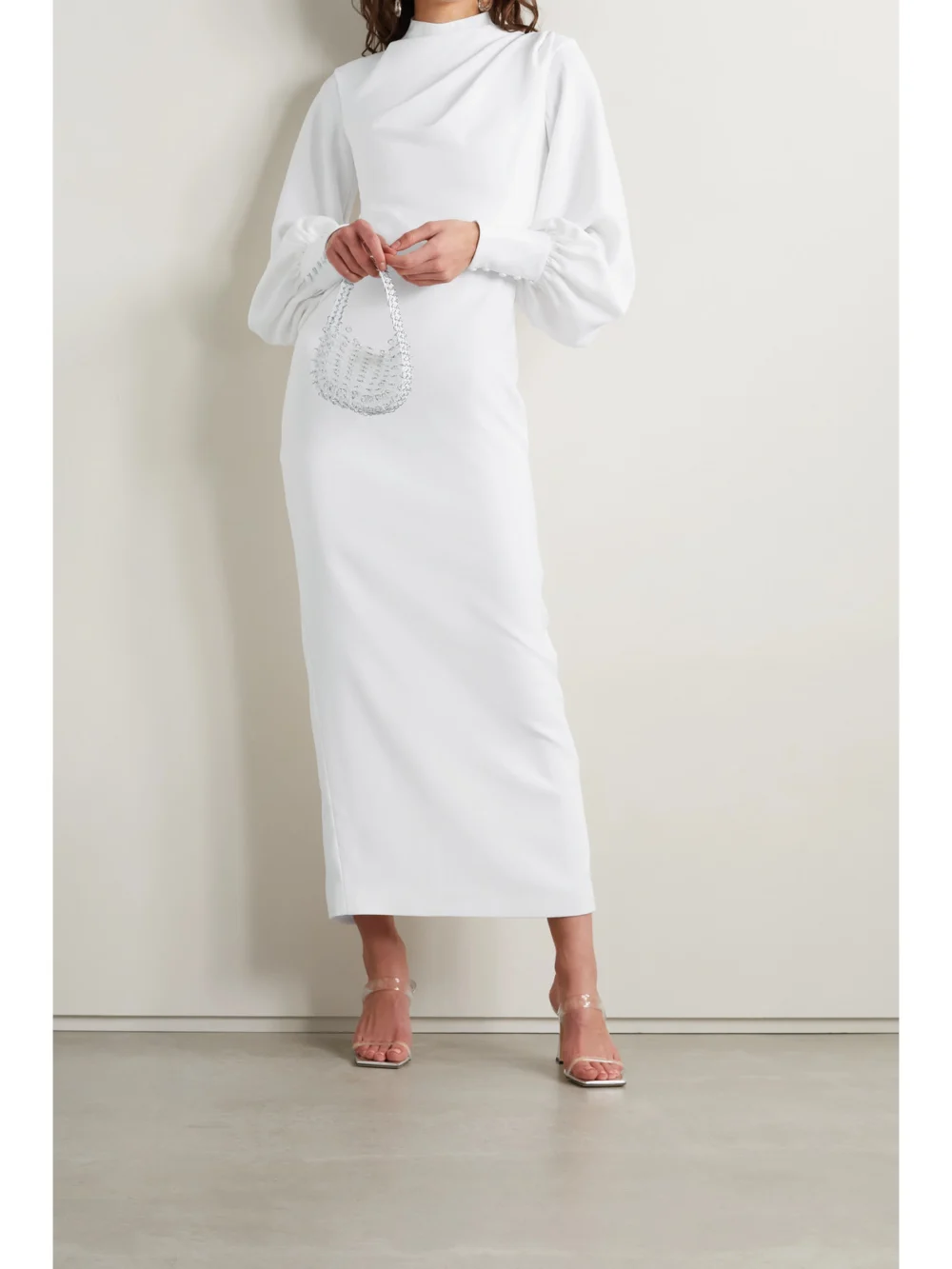 Rasario Gathered Stretch-crepe Midi Dress, worn by a model