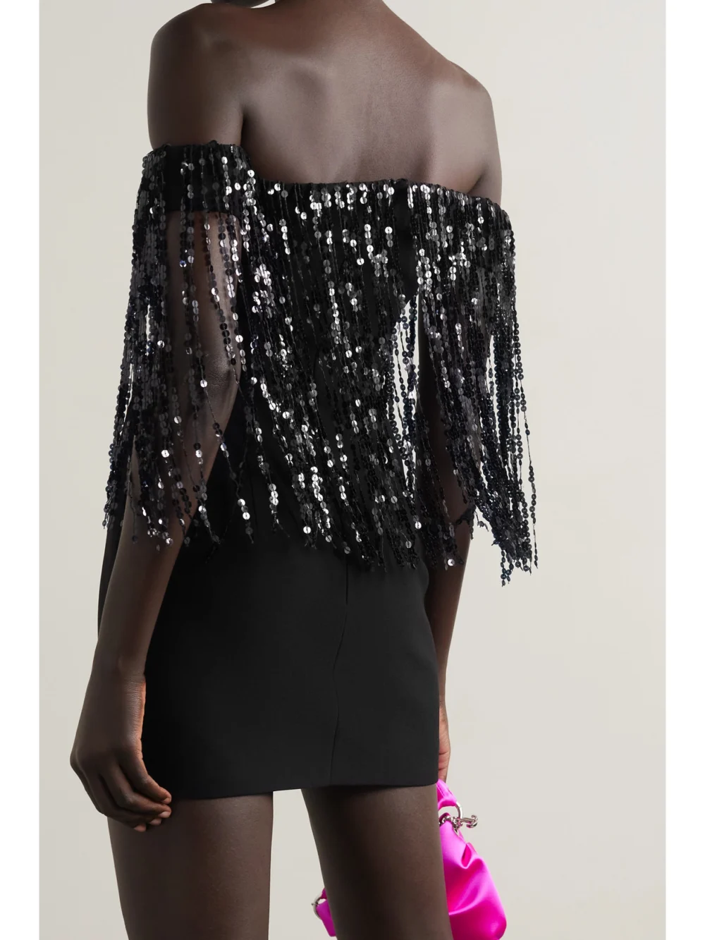 Back view of the Rasario Off-the-shoulder Sequin-embellished Crepe Mini Dress