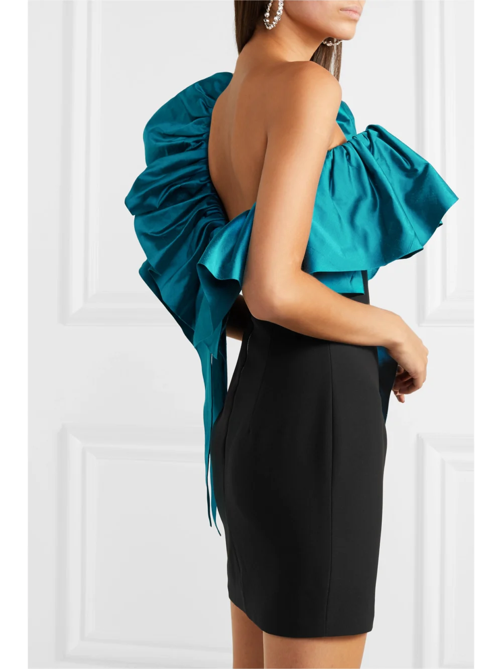 Back view of the Rasario One-shoulder Ruffled Shantung and Crepe Mini Dress