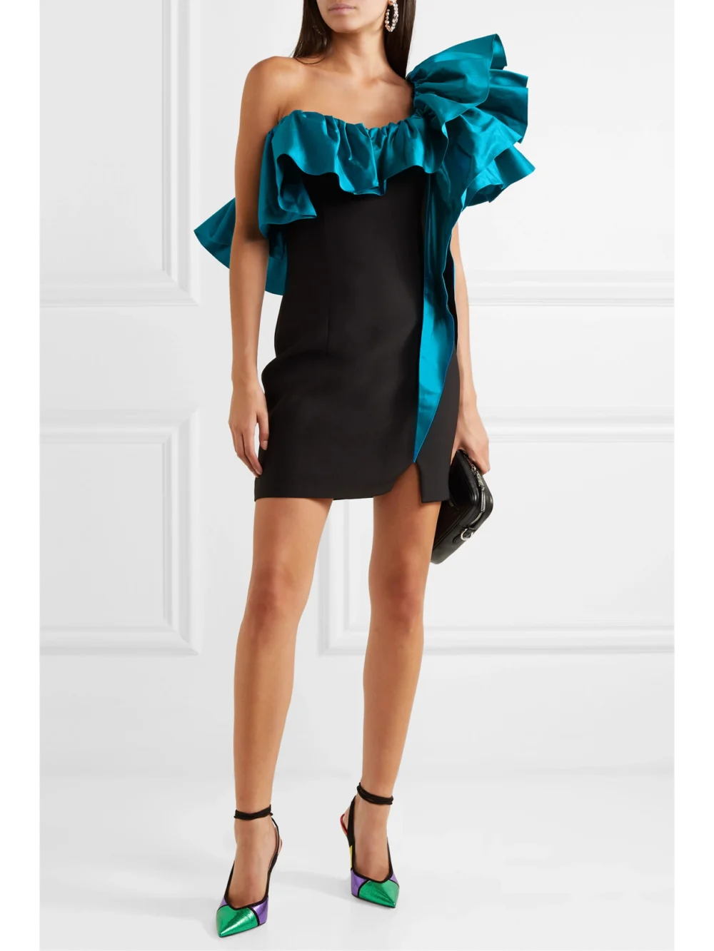 Rasario One-shoulder Ruffled Shantung and Crepe Mini Dress, worn by a model