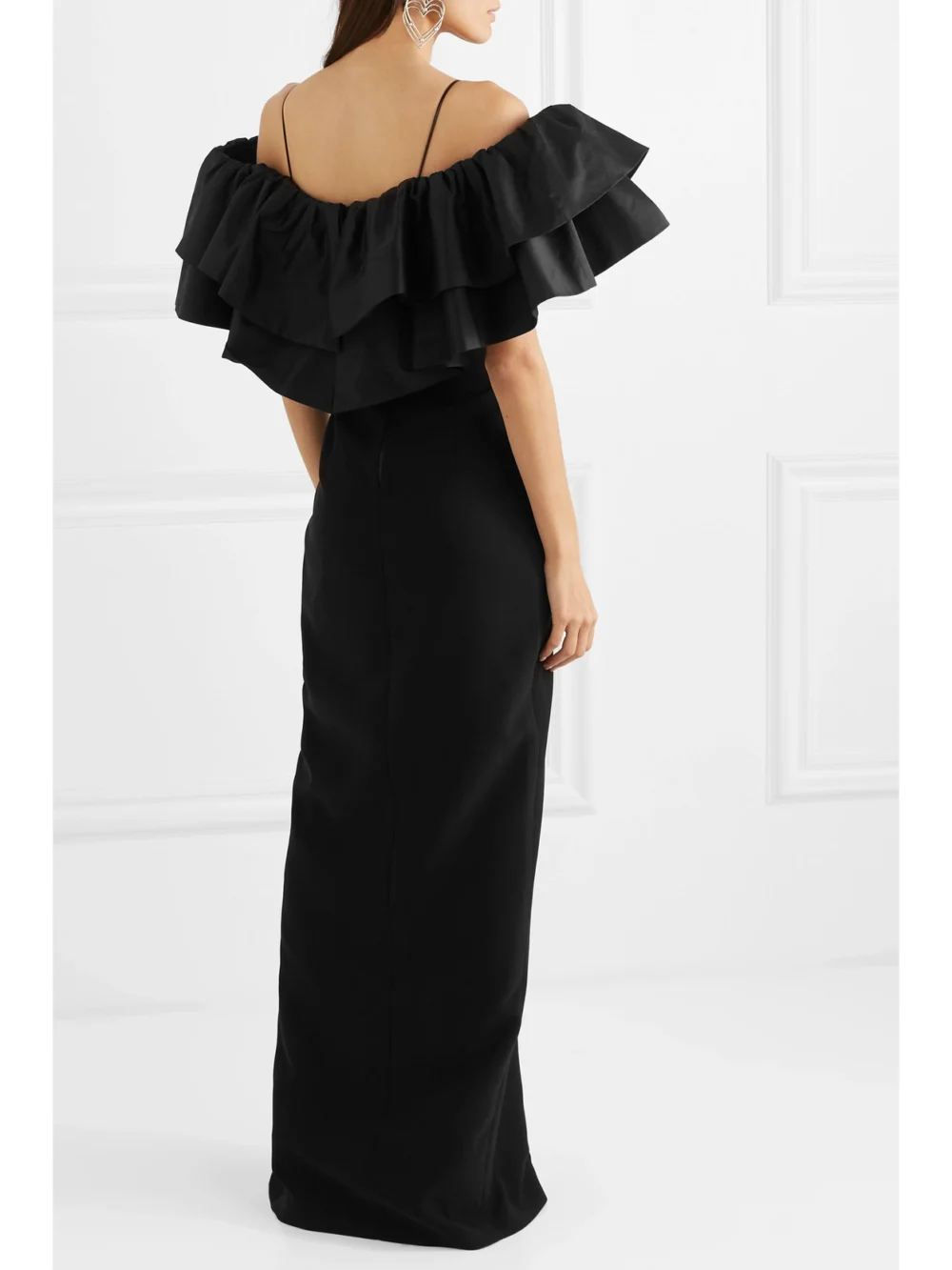 Back view of the Rasario Ruffled Silk and Crepe Gown