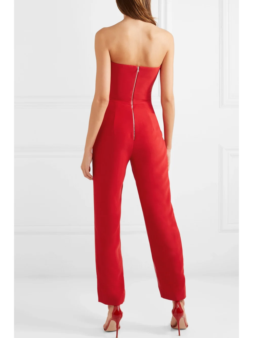 Back view of the Rasario Strapless Crepe Jumpsuit