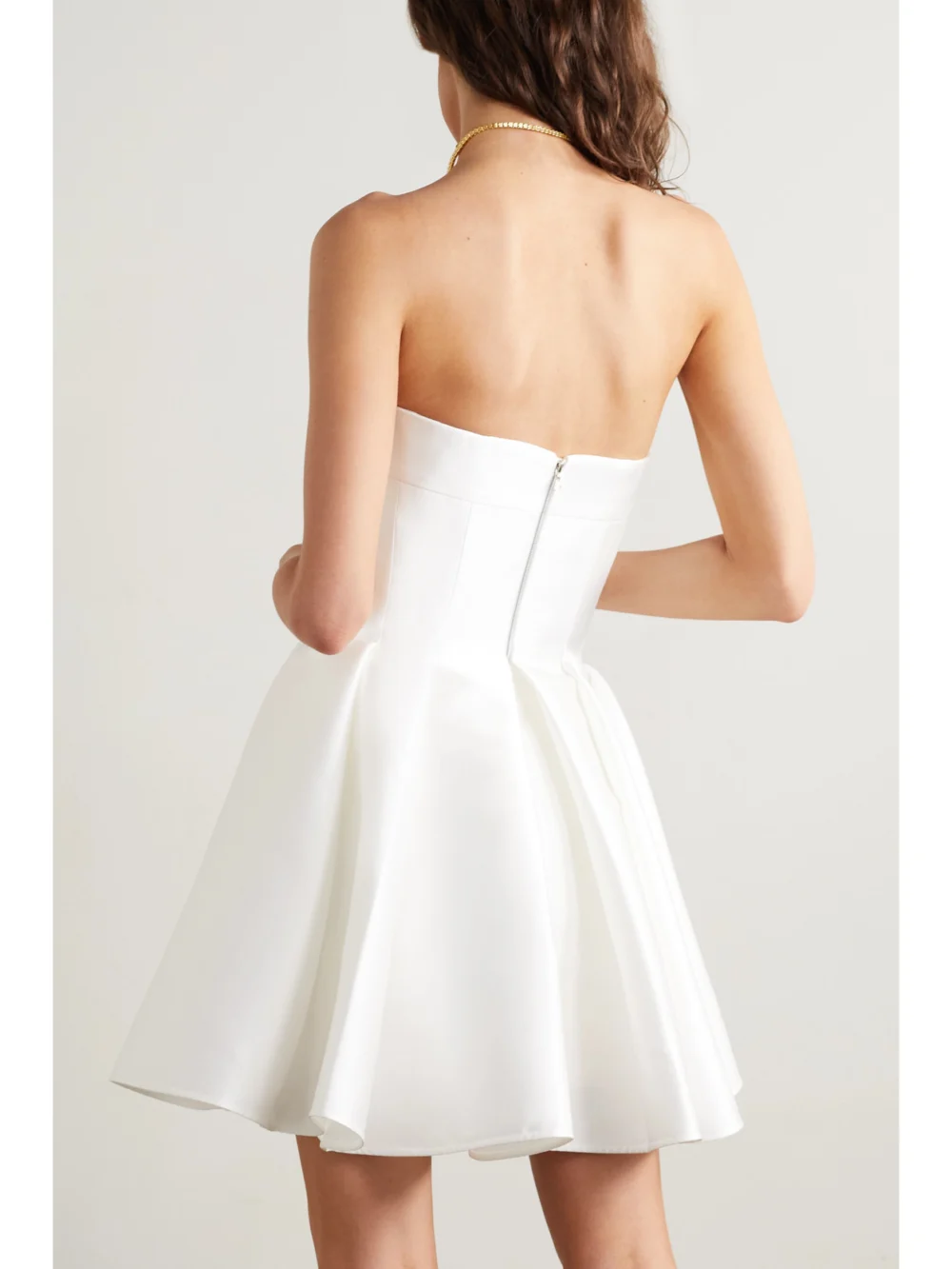 Back view of the Rasario Strapless Pleated Satin Mini Dress