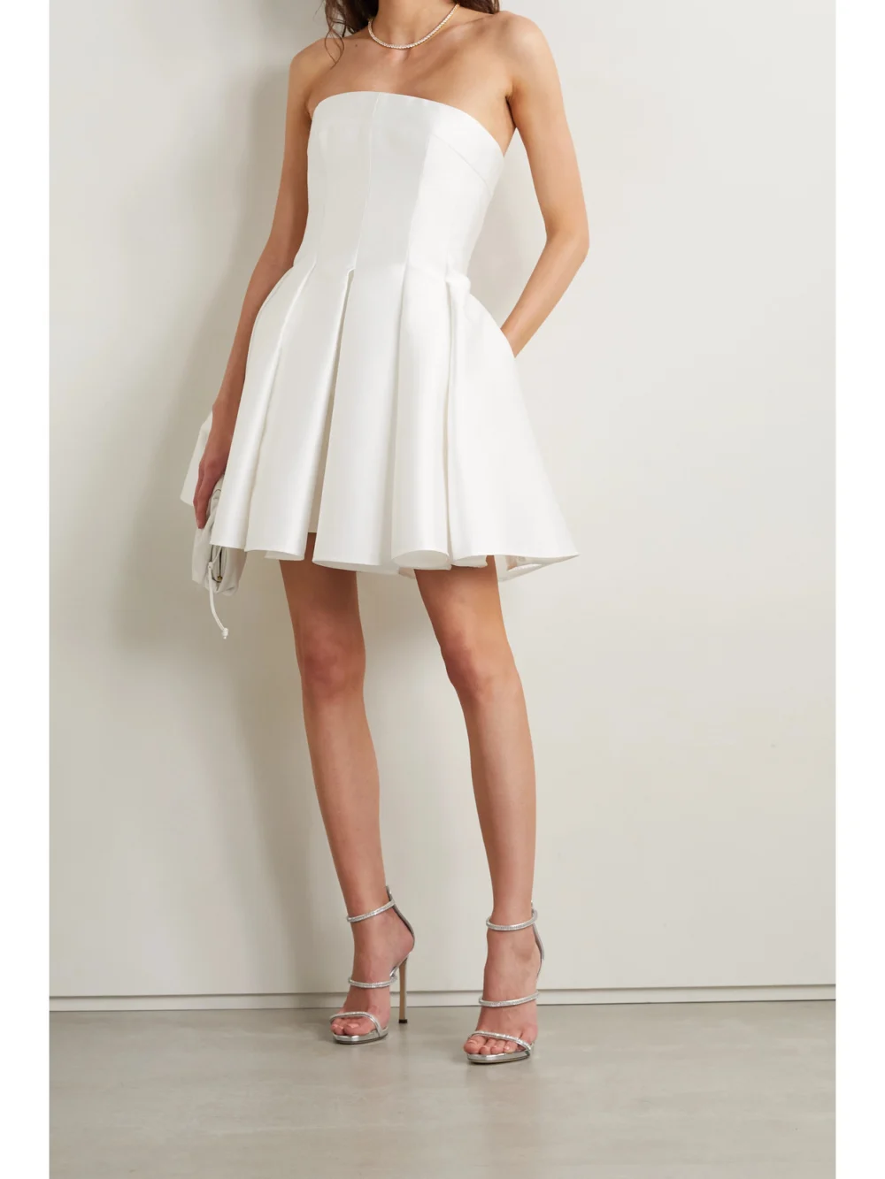 Rasario Strapless Pleated Satin Mini Dress, worn by a model