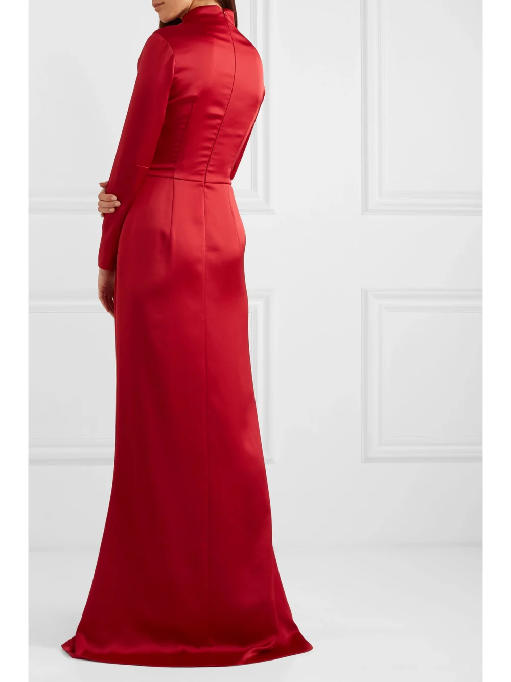 Back view of the Rasario Wrap-effect Draped Satin Gown