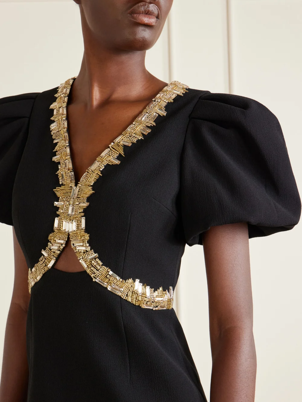 Close-up detail of the Rebecca Vallance Alexandrite Embellished Cady Midi Dress
