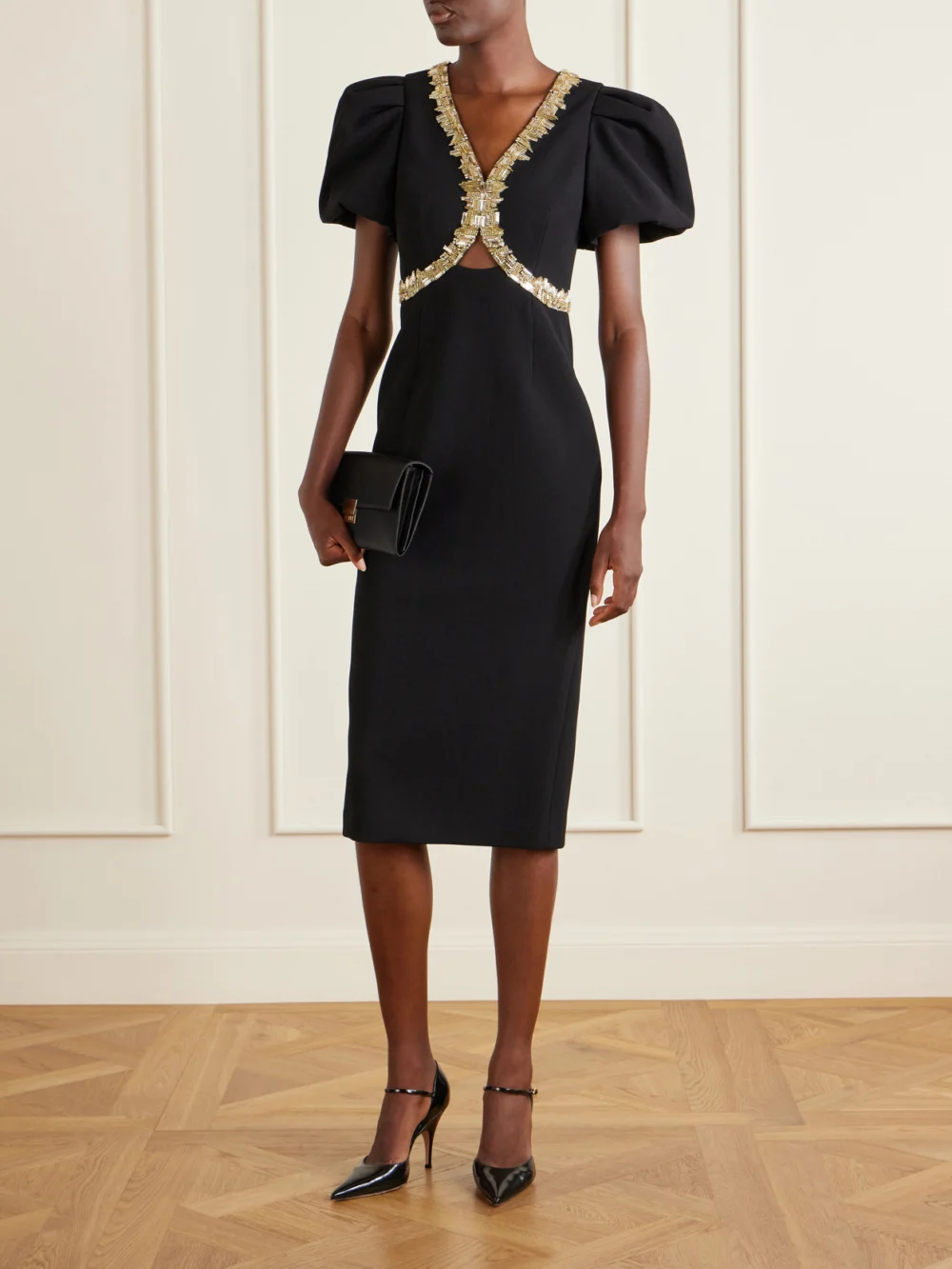 Rebecca Vallance Alexandrite Embellished Cady Midi Dress, worn by a model