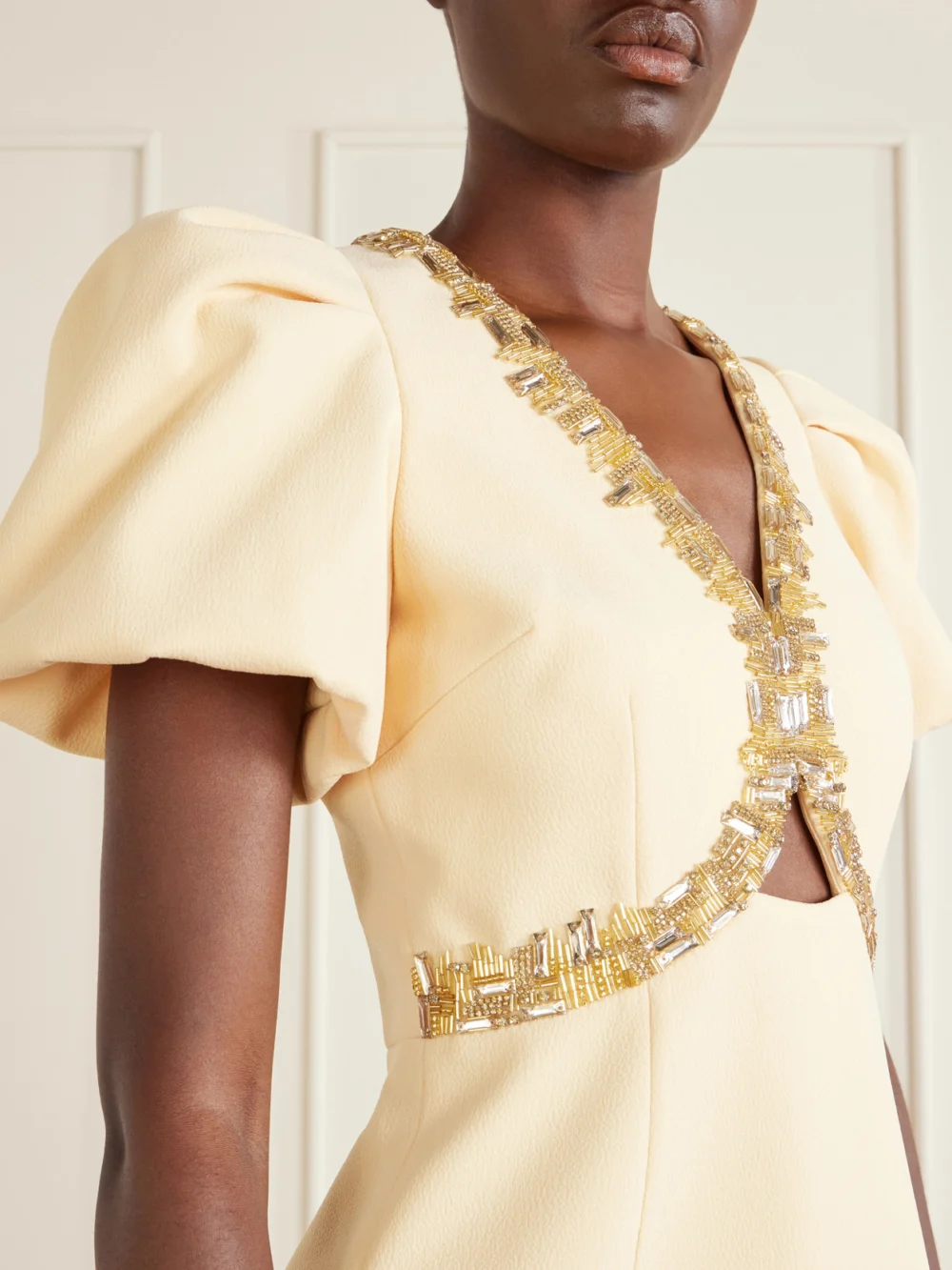 Close-up detail of the Rebecca Vallance Alexandrite Embellished Cady Mini Dress