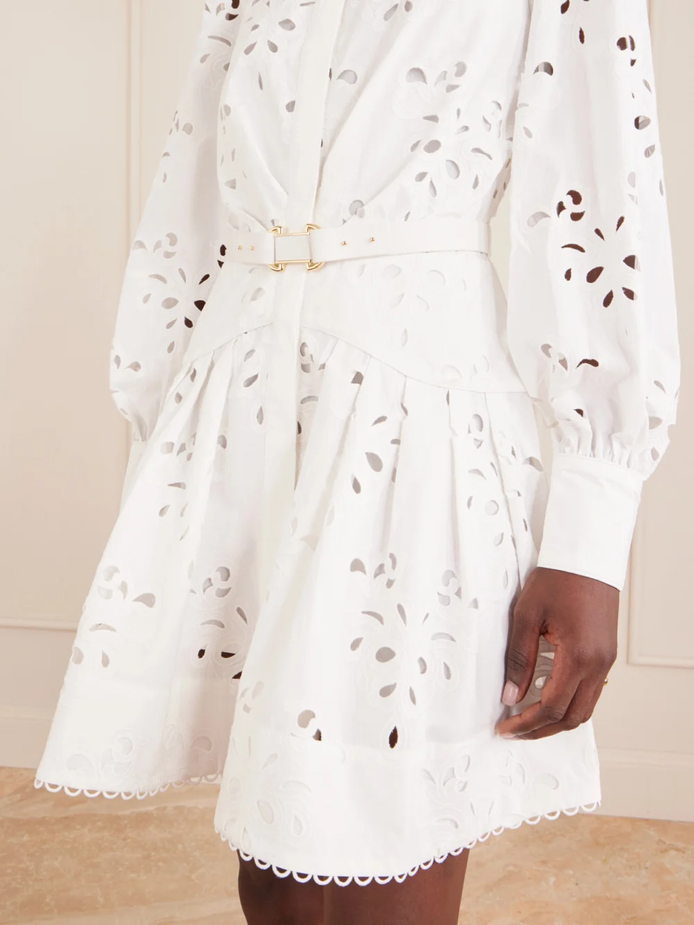 Close-up detail of the Rebecca Vallance Artesan Beltedbroderie Anglaise Poplin Mini Dress