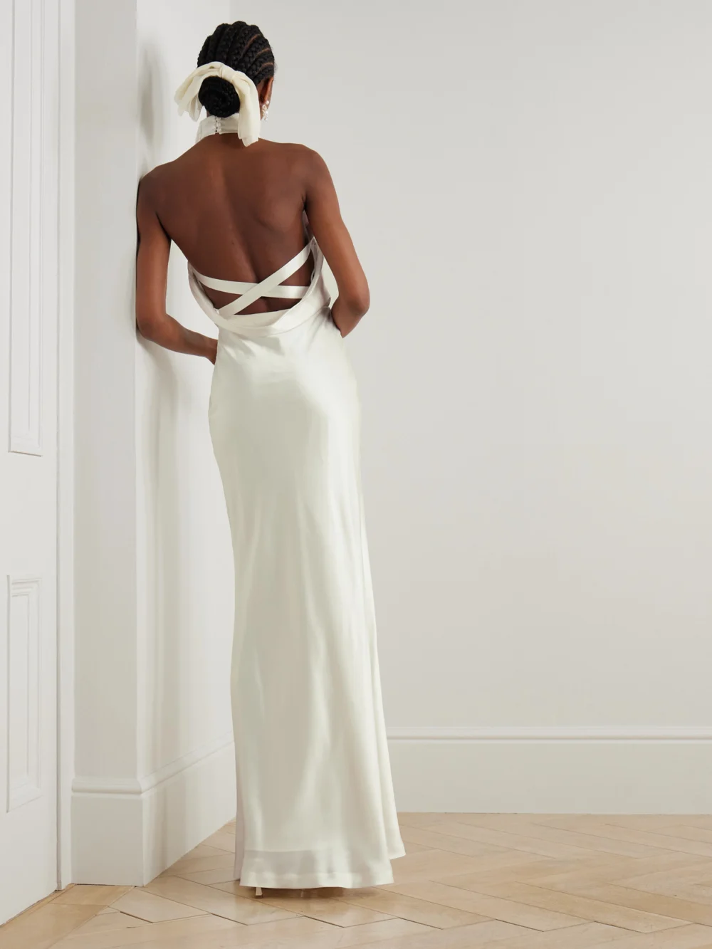 Back view of the Rebecca Vallance Attia Draped Silk-satin Halterneck Gown