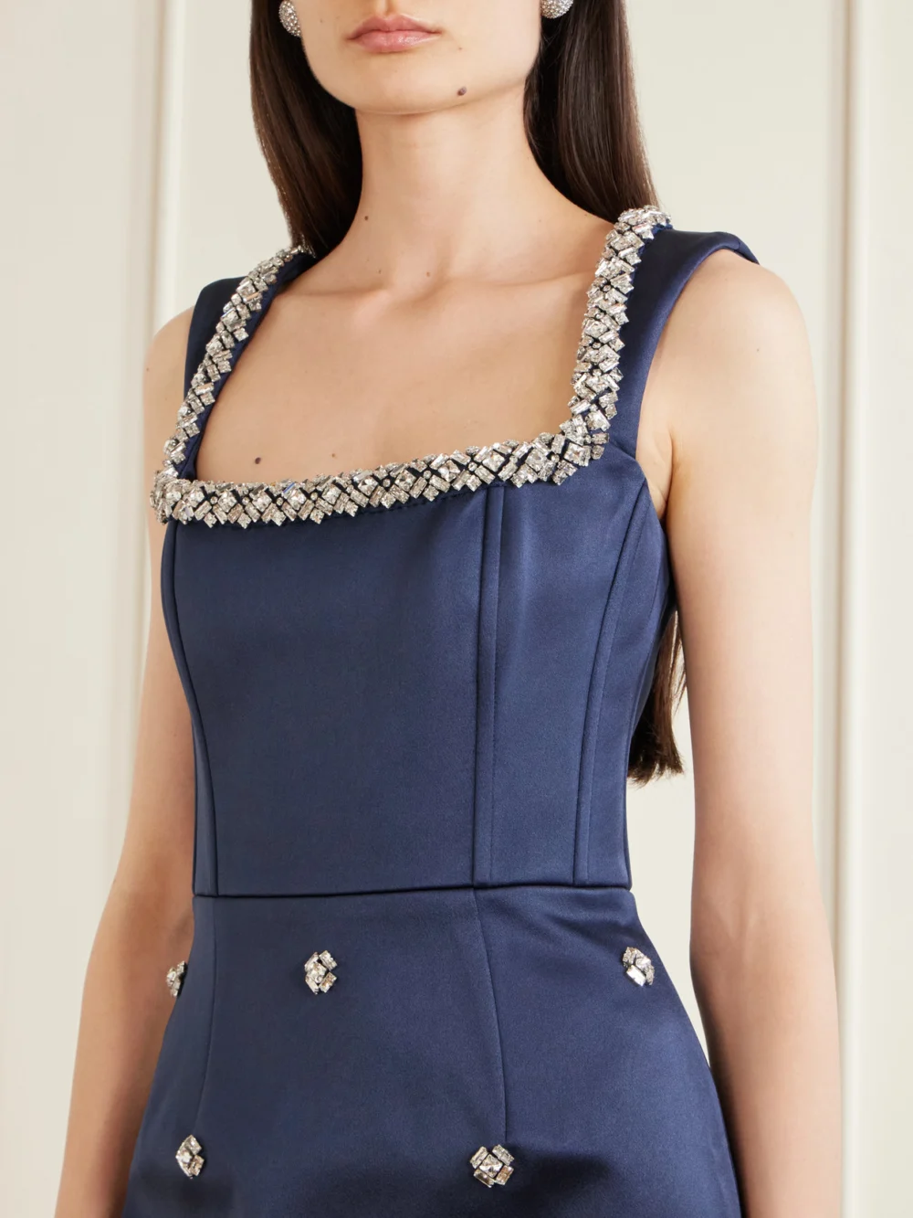 Close-up detail of the Rebecca Vallance Ayla Embellished Satin Midi Dress