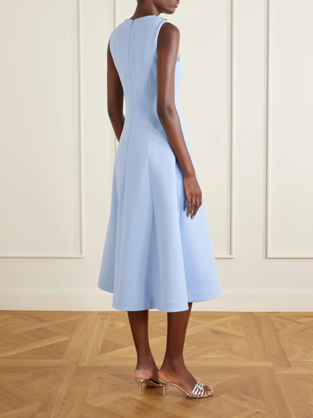Back view of the Rebecca Vallance Aylin Embellished Cady Midi Dress