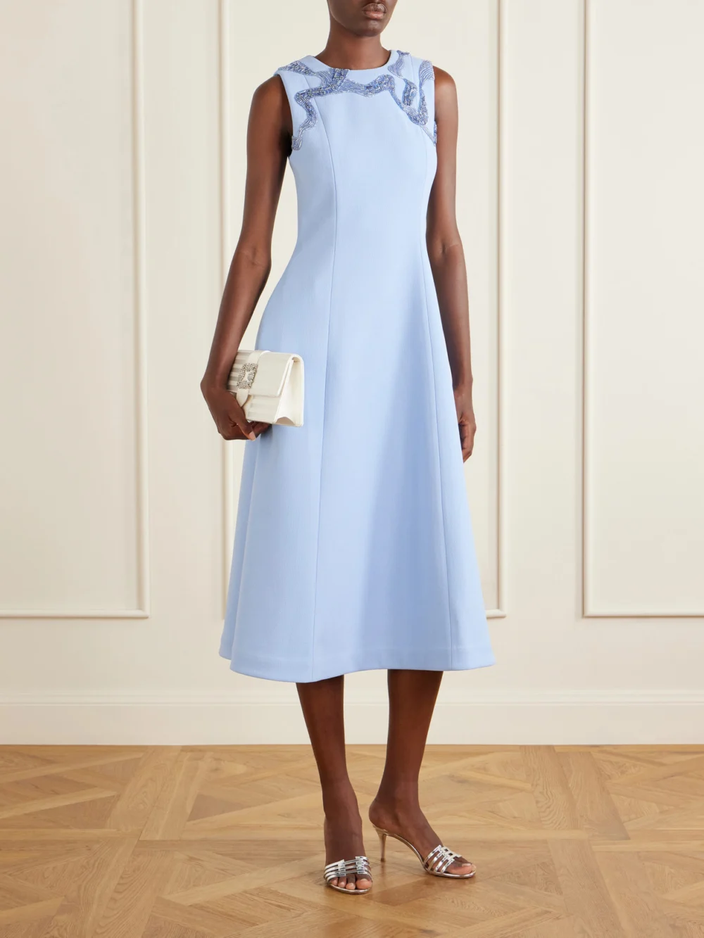 Rebecca Vallance Aylin Embellished Cady Midi Dress, worn by a model