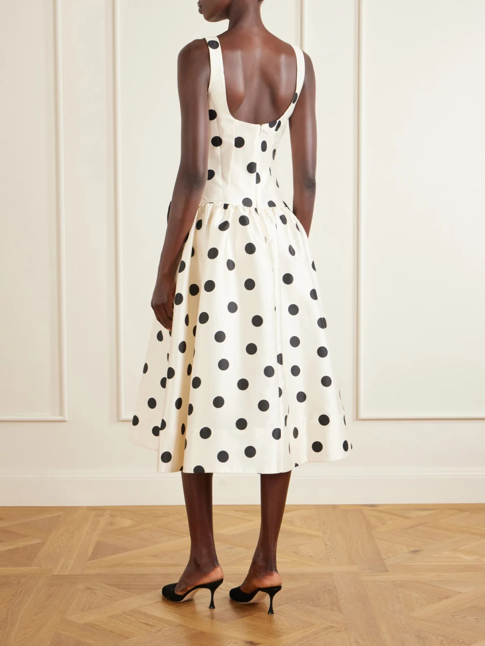 Back view of the Rebecca Vallance Bacio Bow-detailed Polka-dot Satin-twill Midi Dress