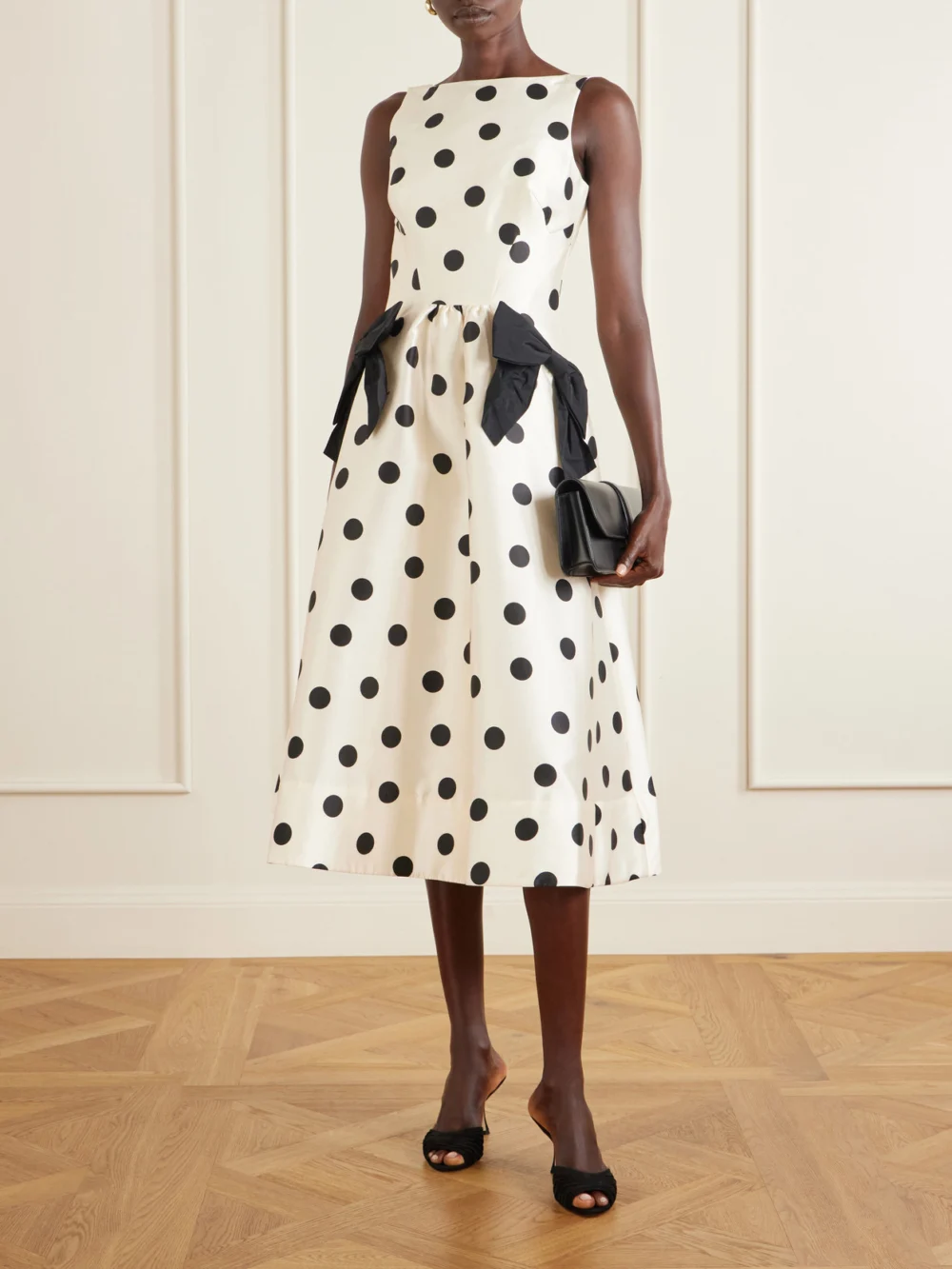 Rebecca Vallance Bacio Bow-detailed Polka-dot Satin-twill Midi Dress, worn by a model