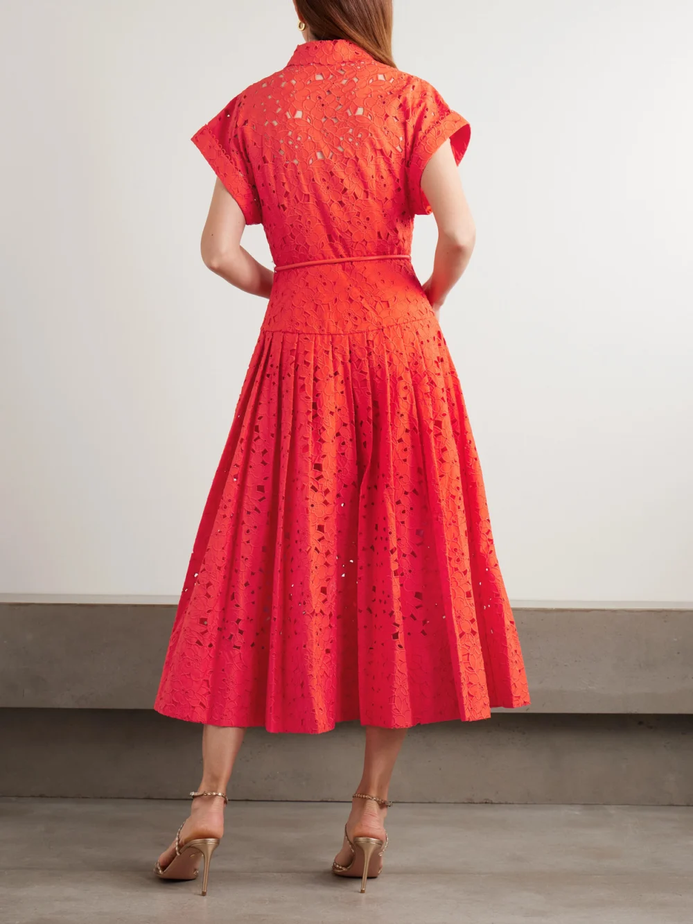 Back view of the Rebecca Vallance Blaire Belted Guipure Lace Cotton Midi Shirt Dress
