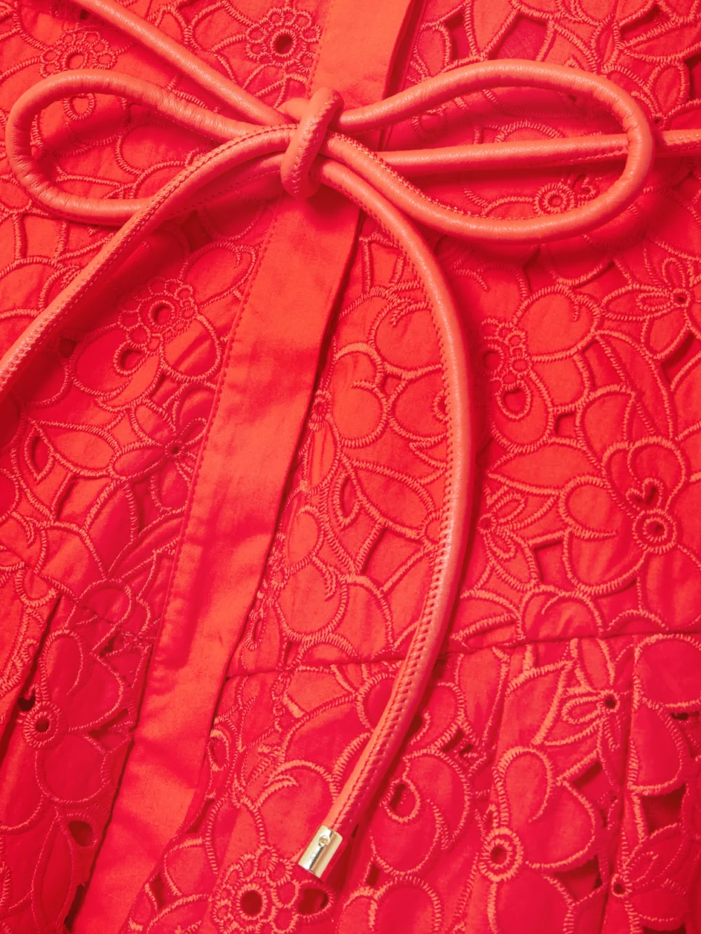 Close-up detail of the Rebecca Vallance Blaire Belted Guipure Lace Cotton Midi Shirt Dress