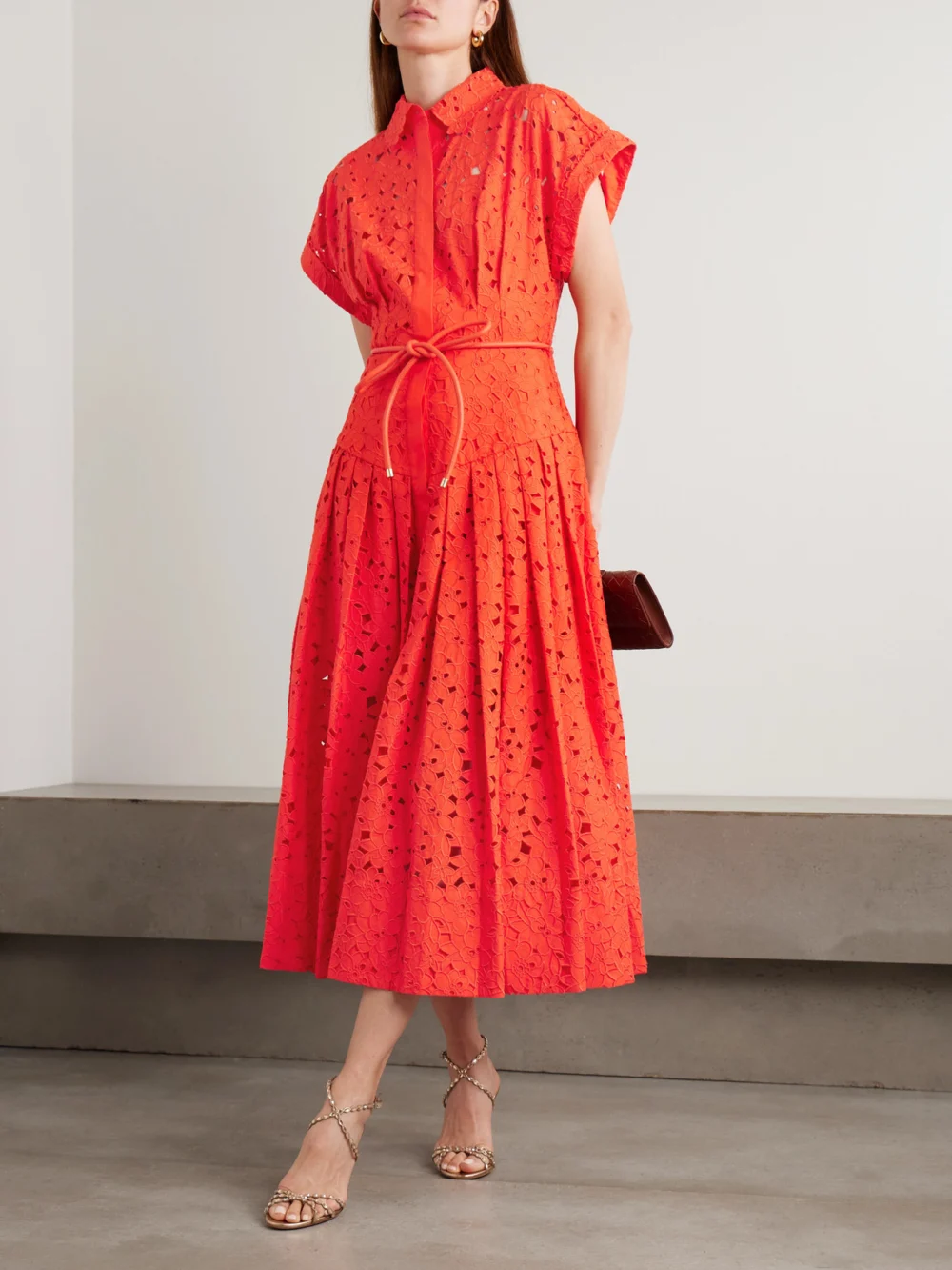 Rebecca Vallance Blaire Belted Guipure Lace Cotton Midi Shirt Dress, worn by a model