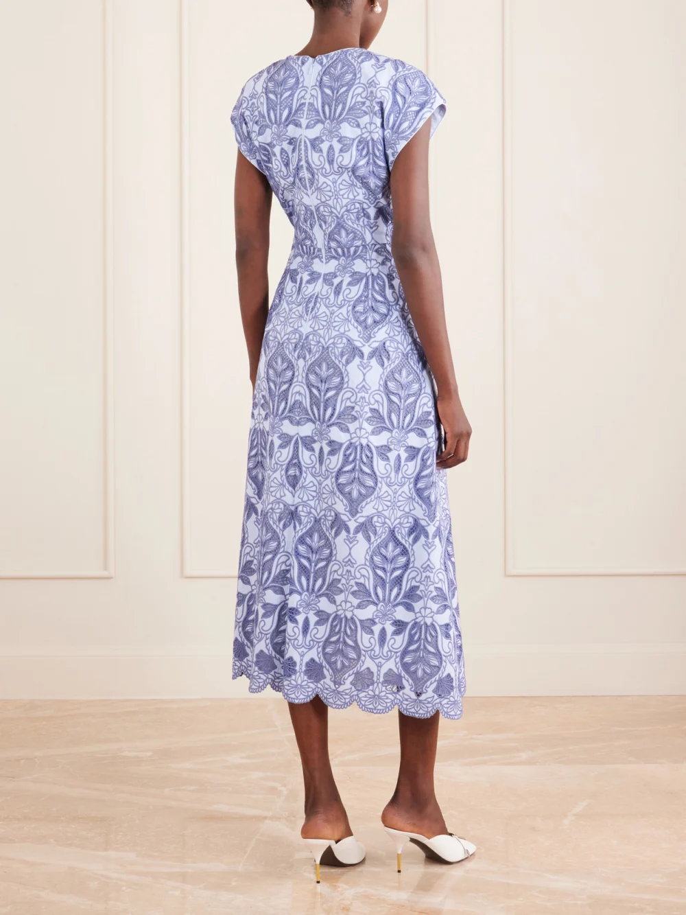 Back view of the Rebecca Vallance Blooming Lanterns Scalloped Embroidered Cotton Midi Dress