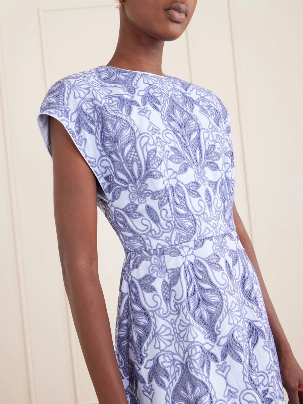 Close-up detail of the Rebecca Vallance Blooming Lanterns Scalloped Embroidered Cotton Midi Dress