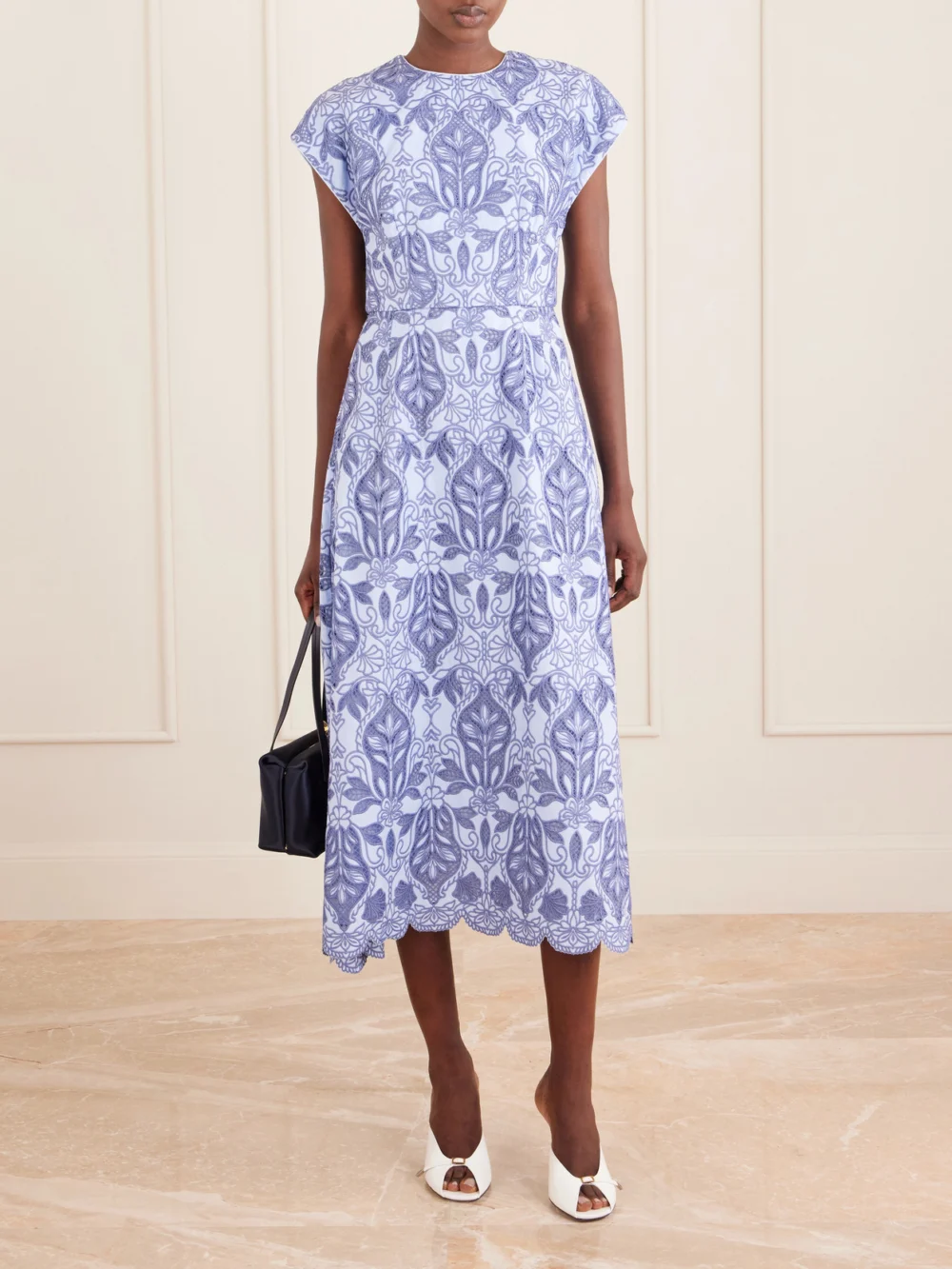Rebecca Vallance Blooming Lanterns Scalloped Embroidered Cotton Midi Dress, worn by a model