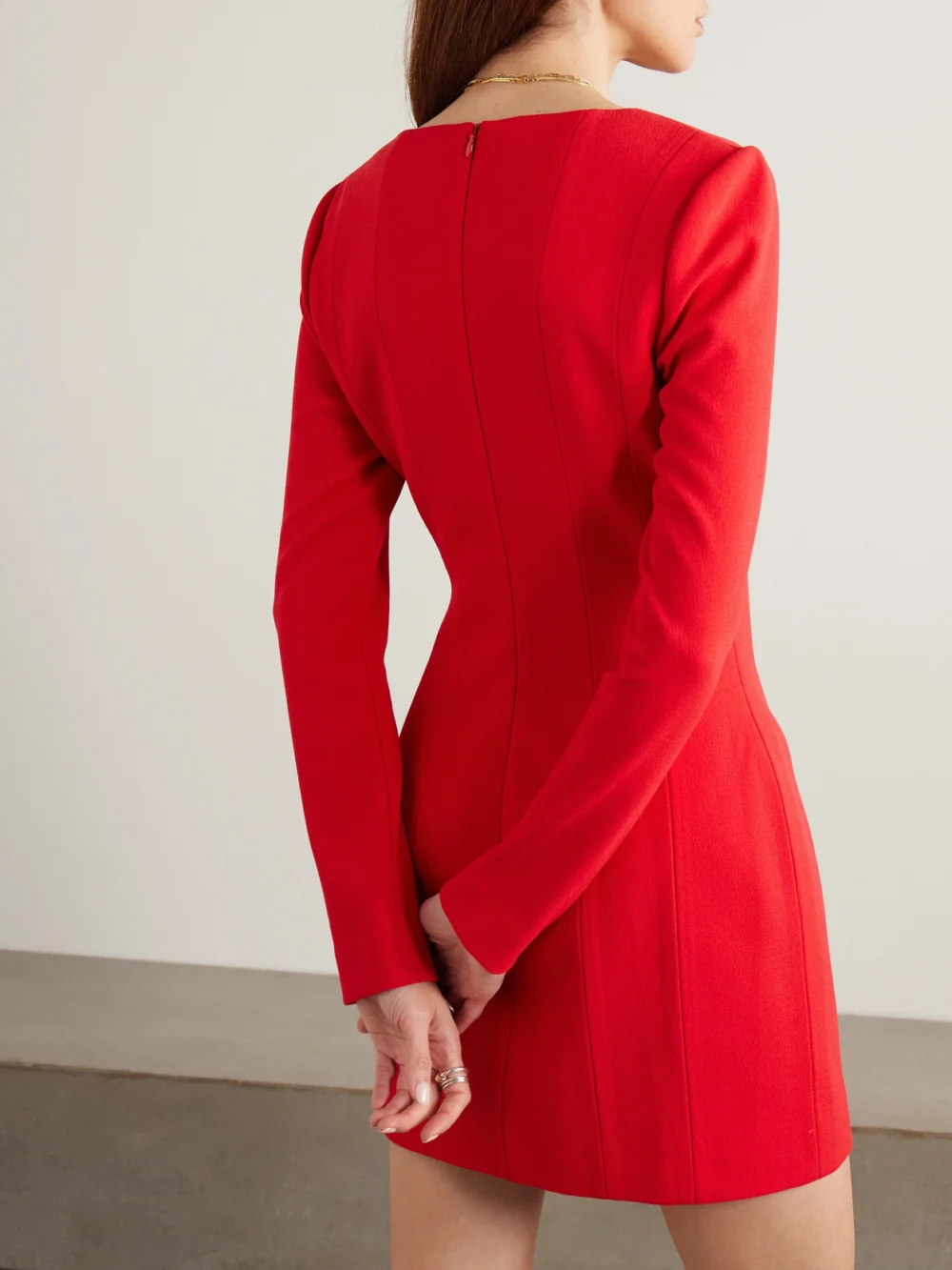 Back view of the Rebecca Vallance Cameron Button-embellished Crepe Mini Dress