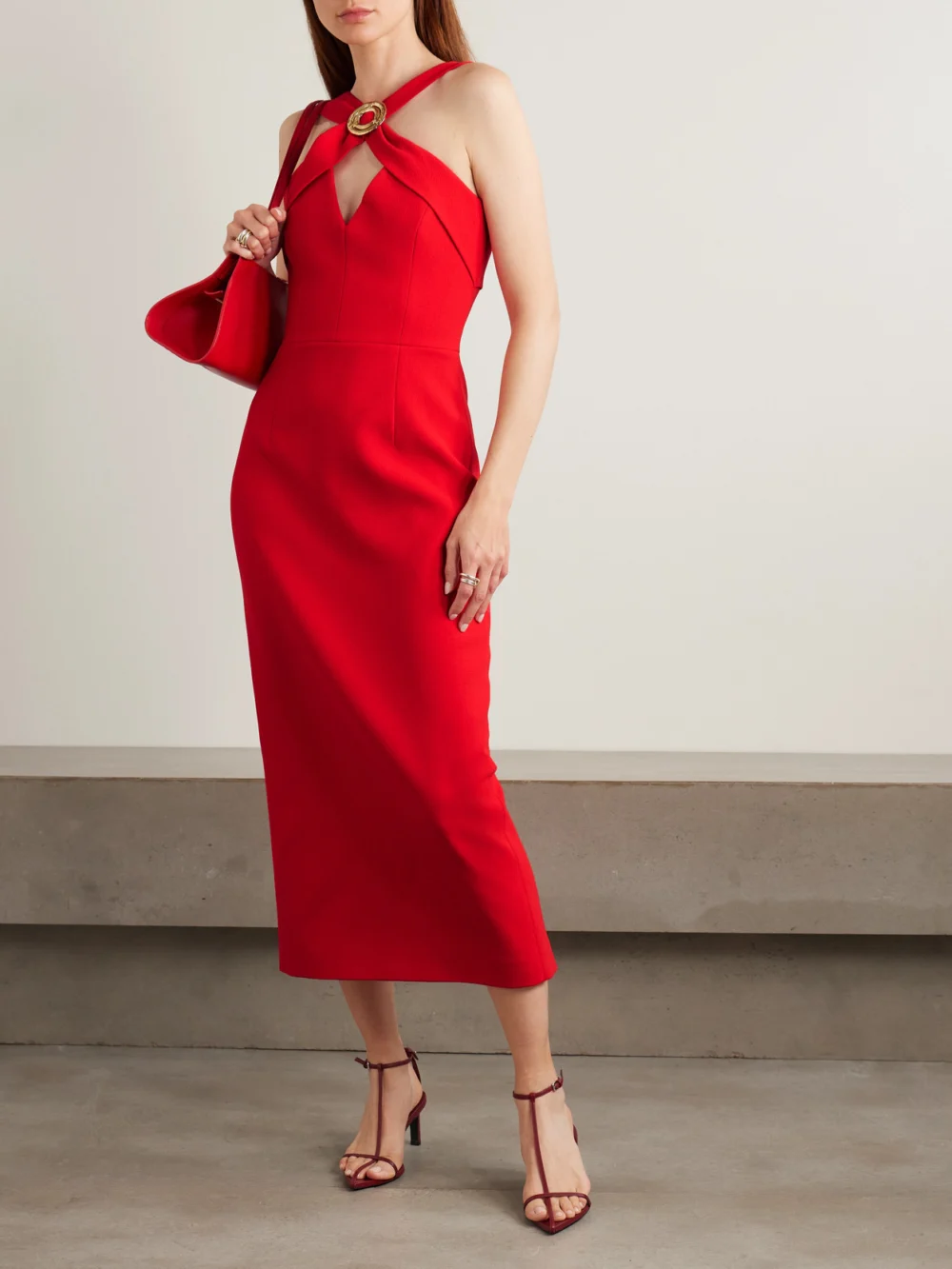 Rebecca Vallance Cameron Embellished Crepe Midi Dress, worn by a model