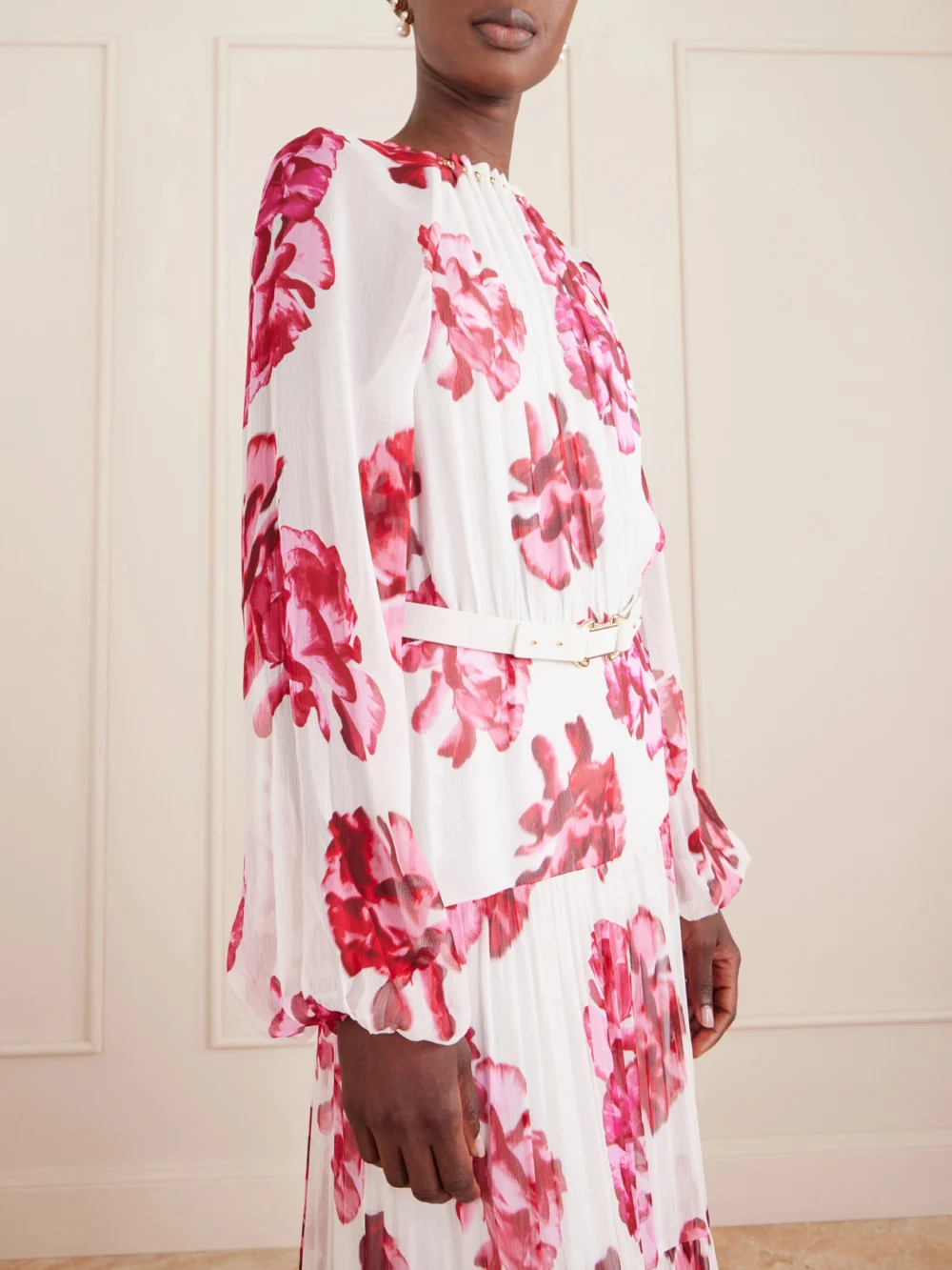 Close-up detail of the Rebecca Vallance Damask Rose Embellished Tiered Floral-print Georgette Maxi Dress