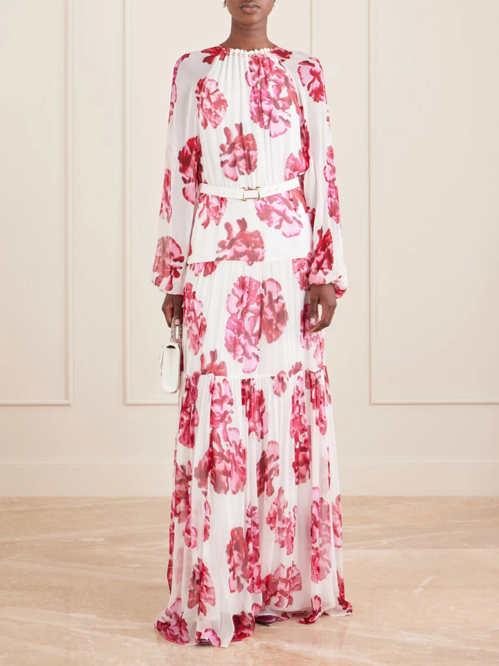 Rebecca Vallance Damask Rose Embellished Tiered Floral-print Georgette Maxi Dress, worn by a model