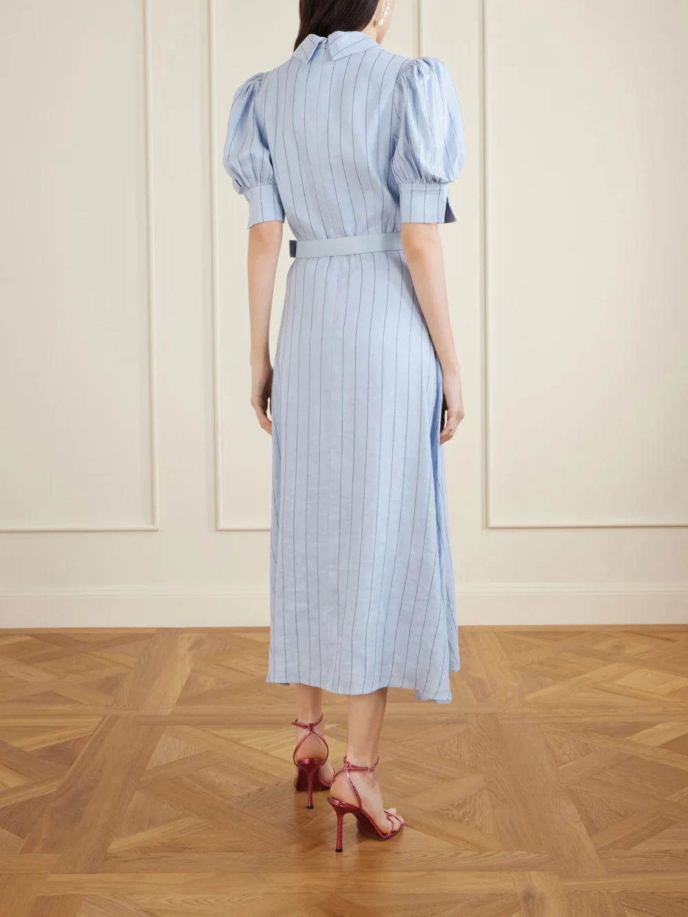Back view of the Rebecca Vallance Effie Belted Striped Linen-blend Midi Dress