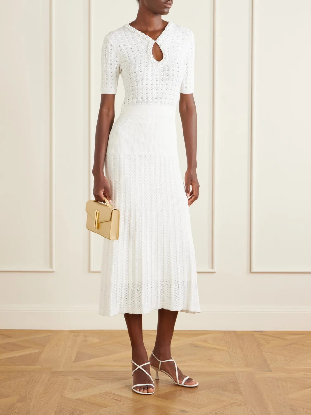 Rebecca Vallance Embellished Crochet-knit Midi Dress, worn by a model