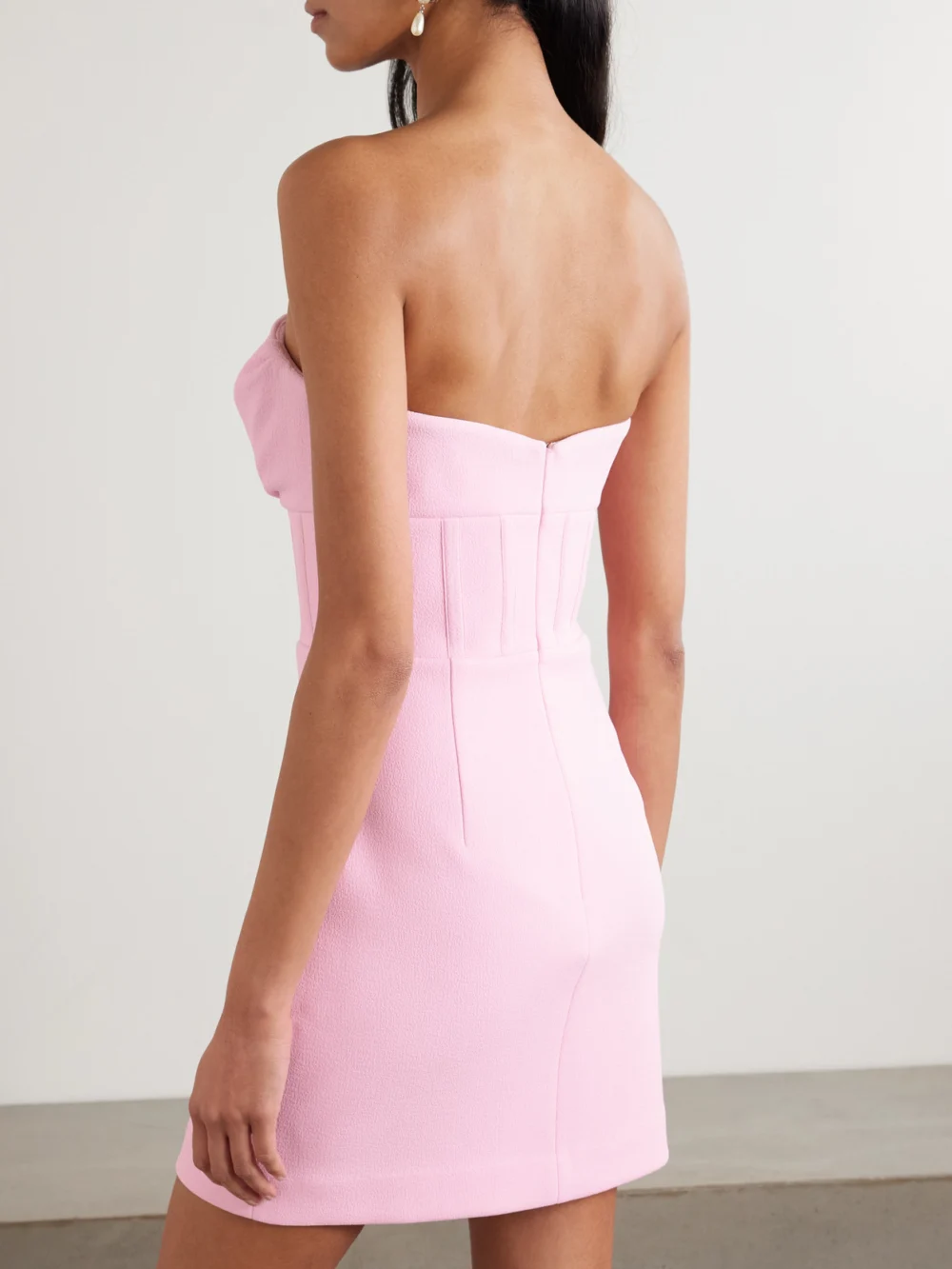 Back view of the Rebecca Vallance Empress Strapless Draped Crepe Mini Dress