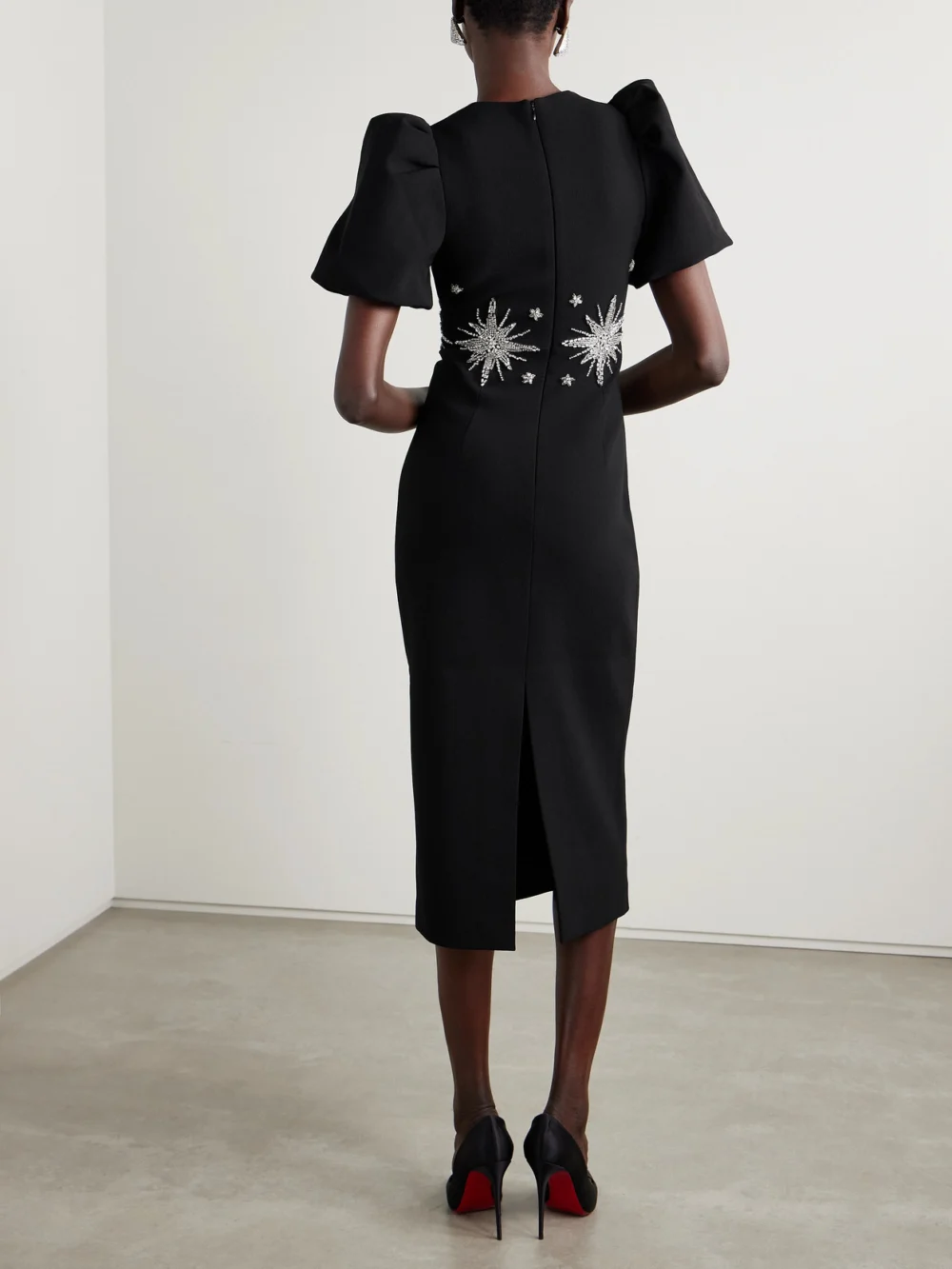 Back view of the Rebecca Vallance Estella Crystal-embellished Crepe Midi Dress
