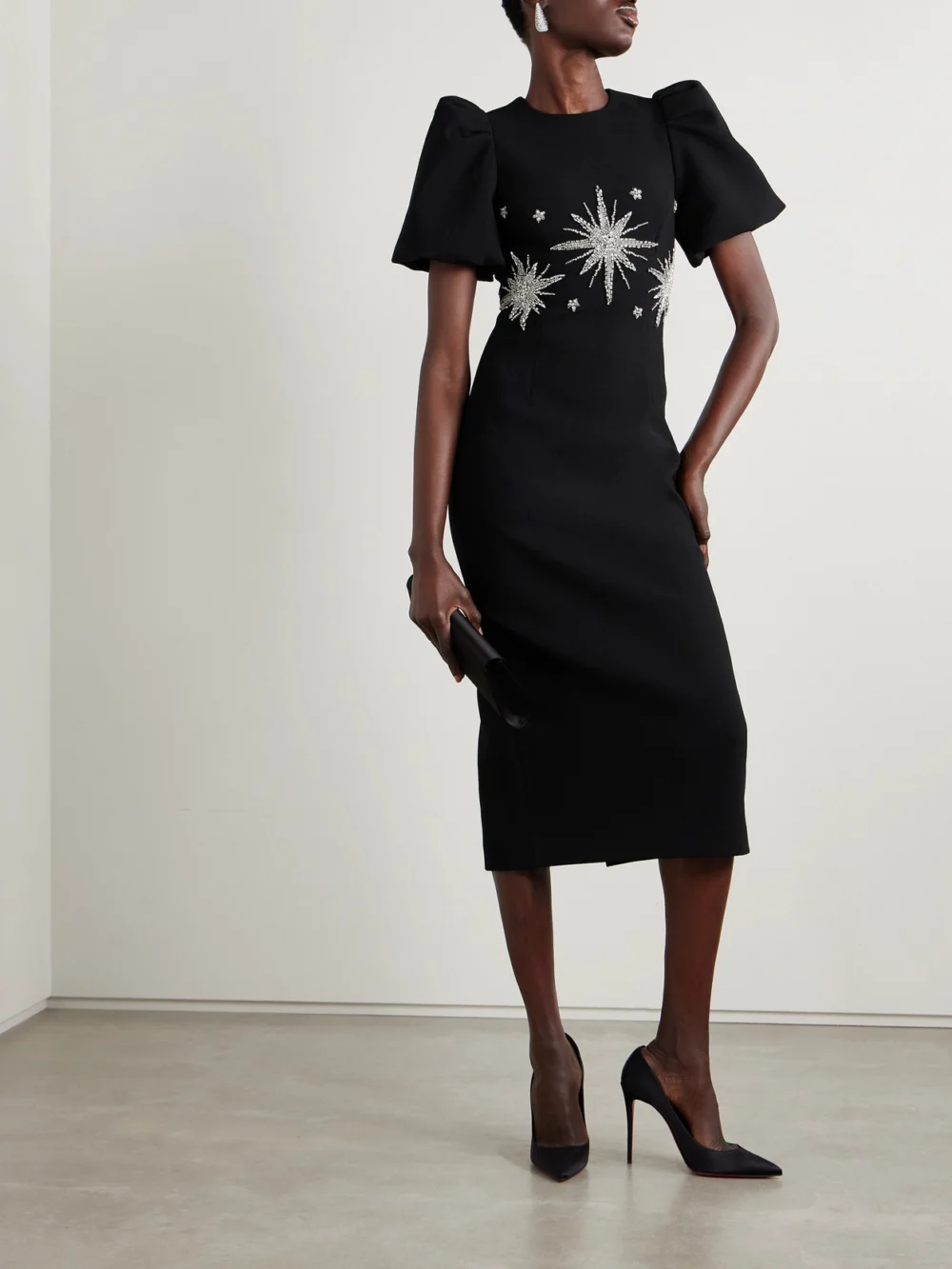 Rebecca Vallance Estella Crystal-embellished Crepe Midi Dress, worn by a model