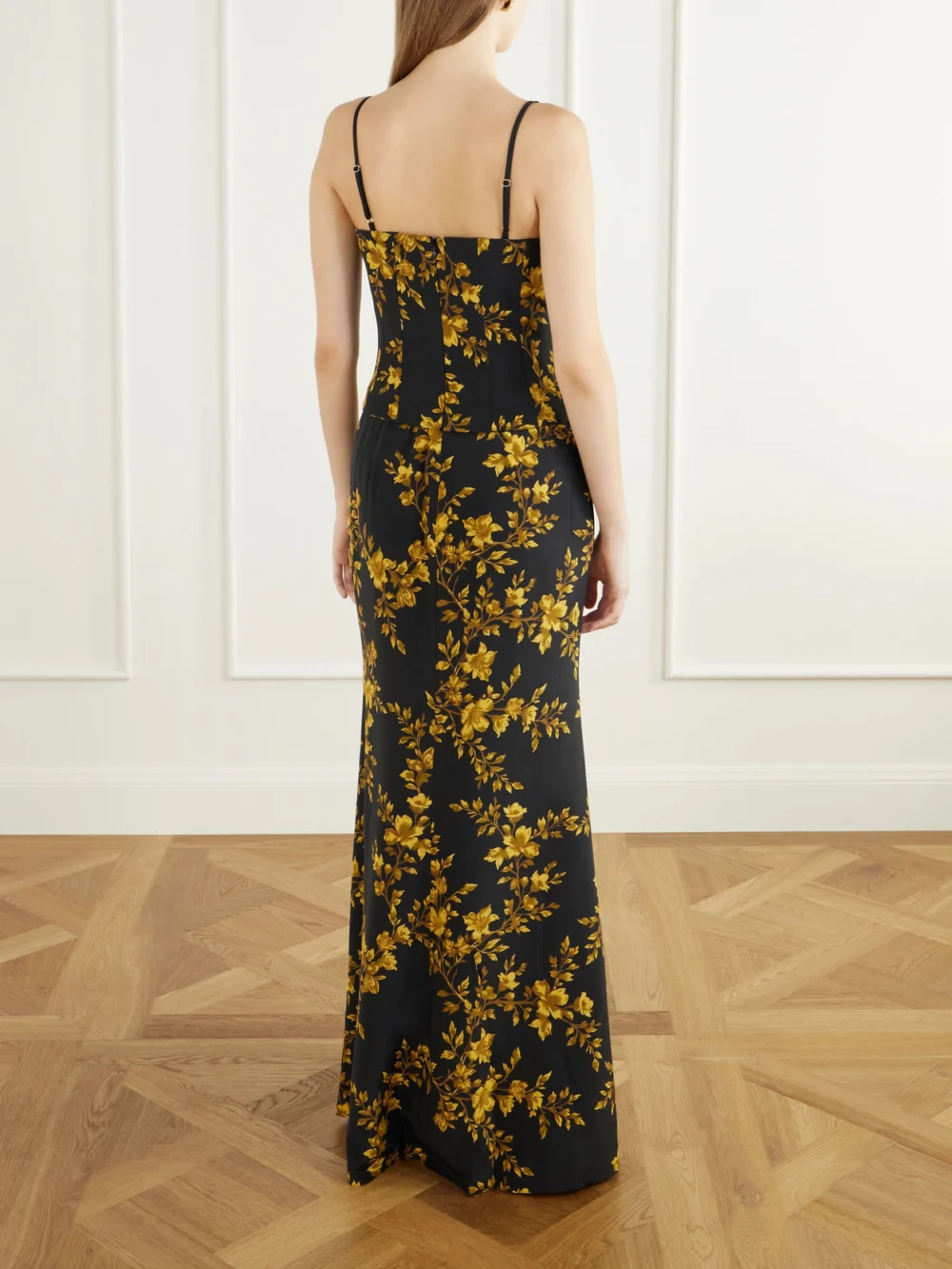 Back view of the Rebecca Vallance Gilded Floral Printed Silk-crepe De Chine Maxi Dress
