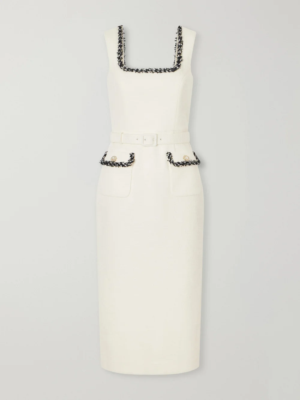 Rebecca Vallance Jacquie Belted Tweed Midi Dress in white