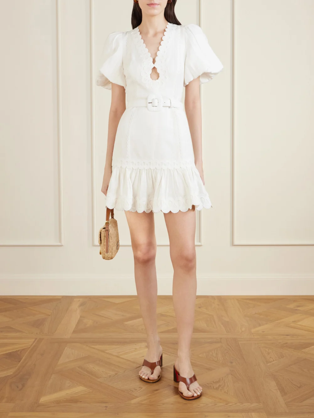 Rebecca Vallance Kahlia Ruffled Scalloped Linen-blend Mini Dress, worn by a model