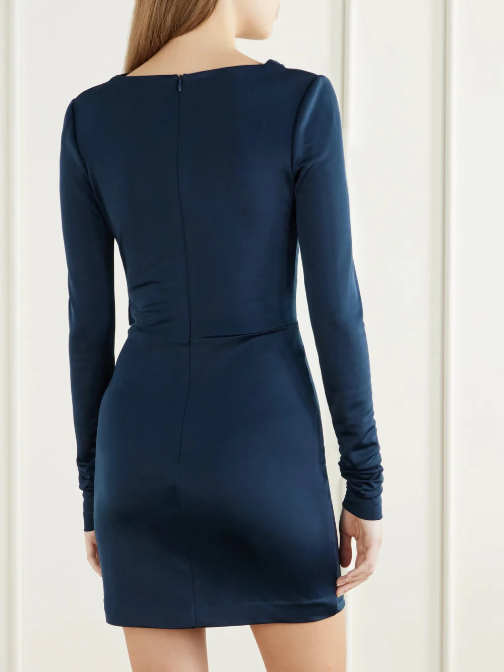 Back view of the Rebecca Vallance Kiana Embellished Gathered Stretch Mini Dress