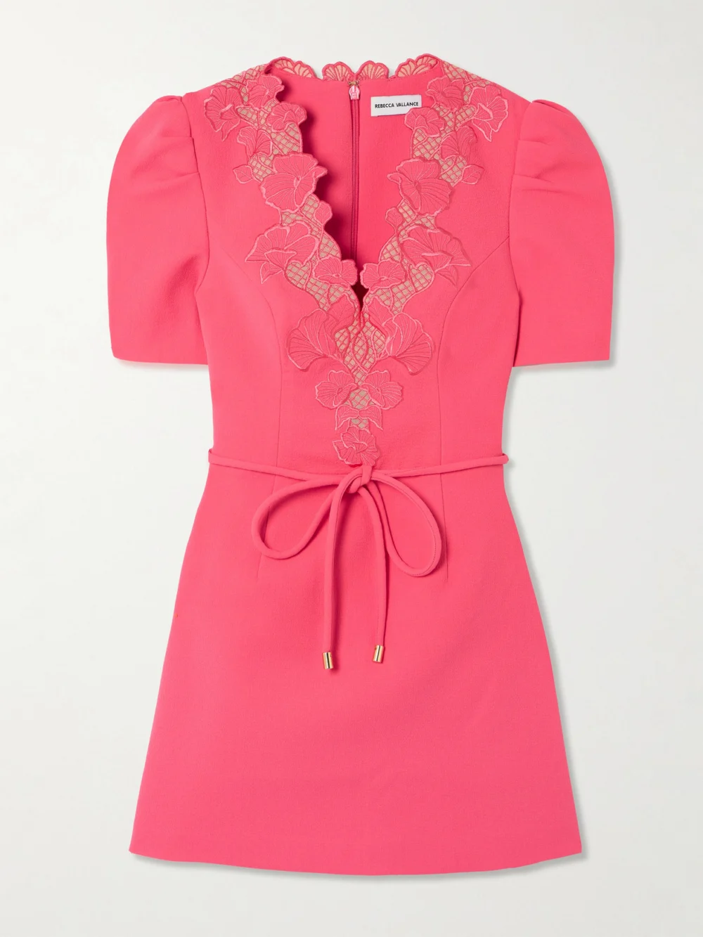 Rebecca Vallance Lulu Belted Lace-trimmed Cady Mini Dress in coral