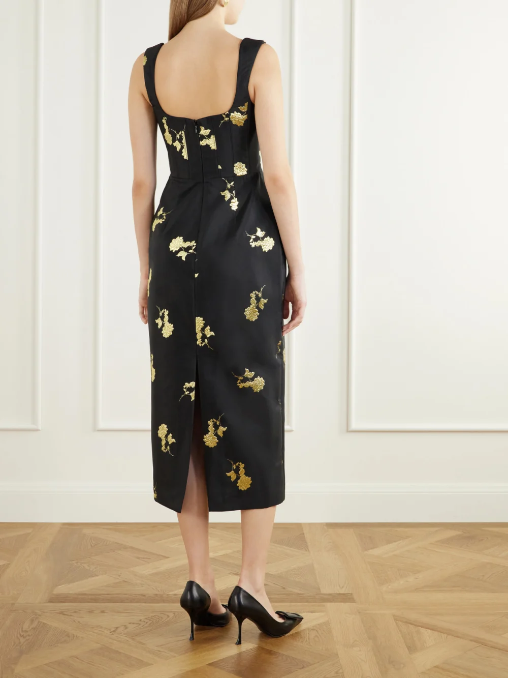 Back view of the Rebecca Vallance Mariya Floral-embroidered Bustier Midi Dress