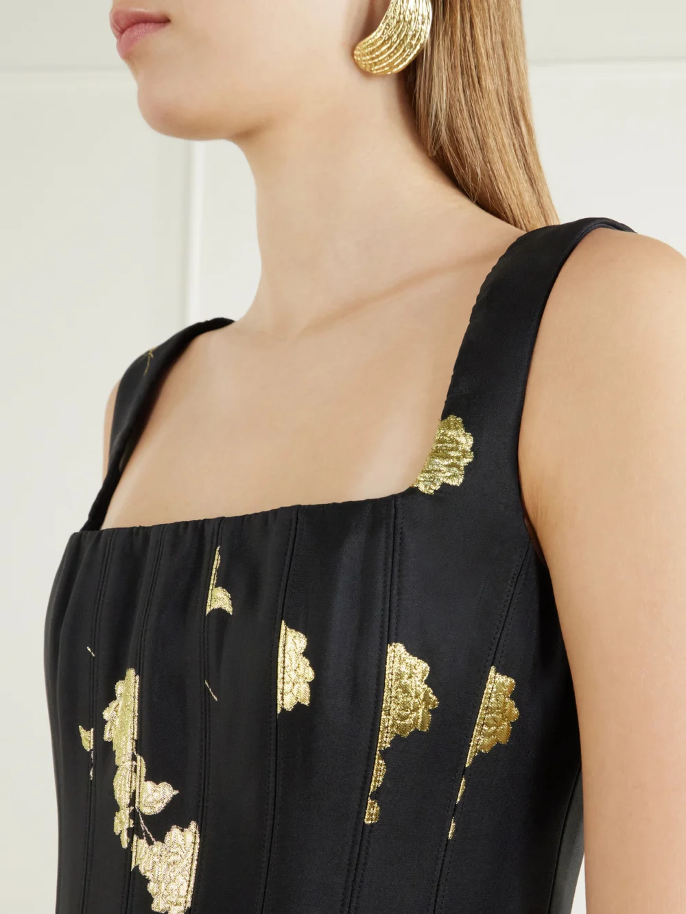 Close-up detail of the Rebecca Vallance Mariya Floral-embroidered Bustier Midi Dress