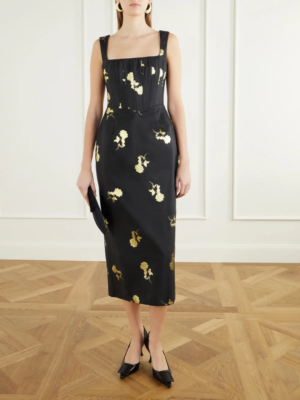 Rebecca Vallance Mariya Floral-embroidered Bustier Midi Dress, worn by a model