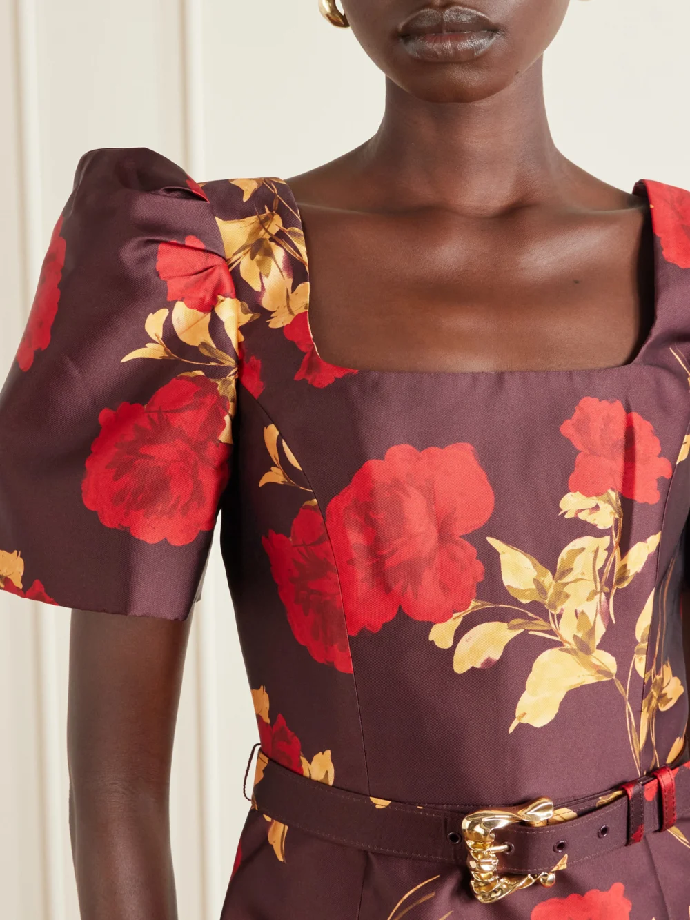 Close-up detail of the Rebecca Vallance Melora Belted Floral-print Satin-twill Mini Dress