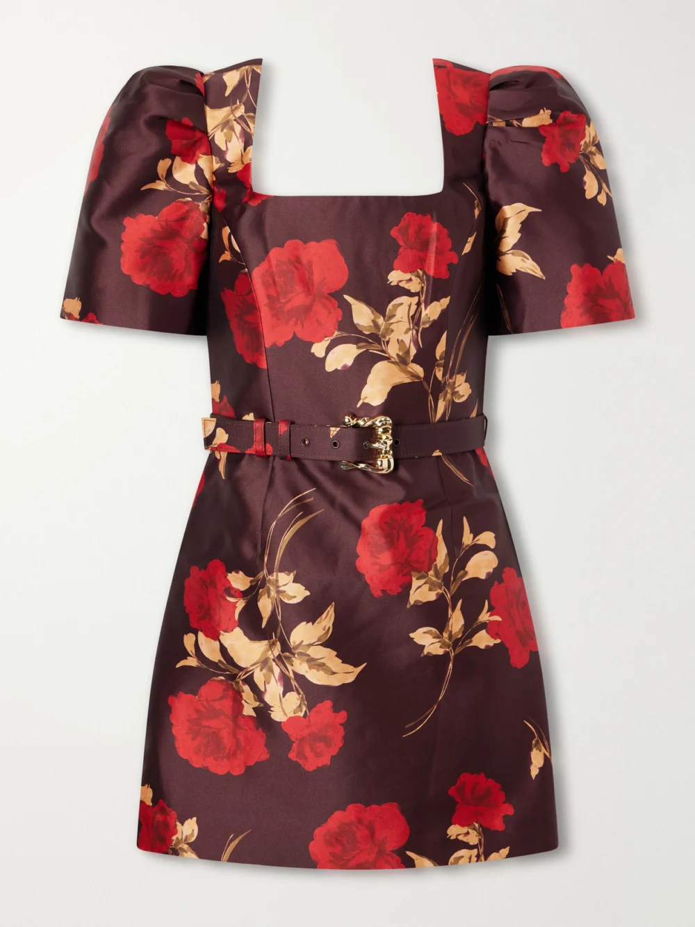 Rebecca Vallance Melora Belted Floral-print Satin-twill Mini Dress in burgundy