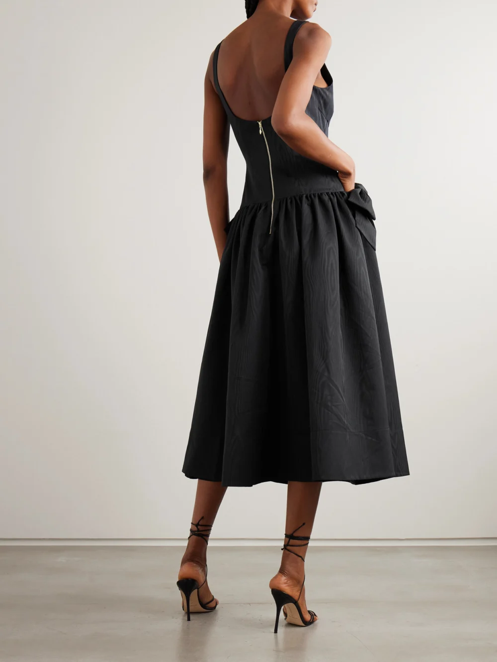 Back view of the Rebecca Vallance Narcissa Bow-embellished Gathered Moire Midi Dress