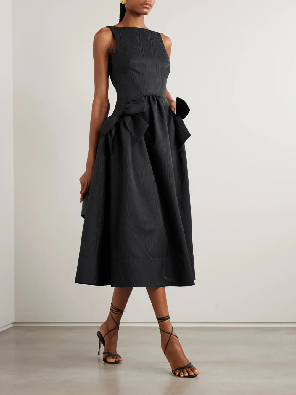 Rebecca Vallance Narcissa Bow-embellished Gathered Moire Midi Dress, worn by a model