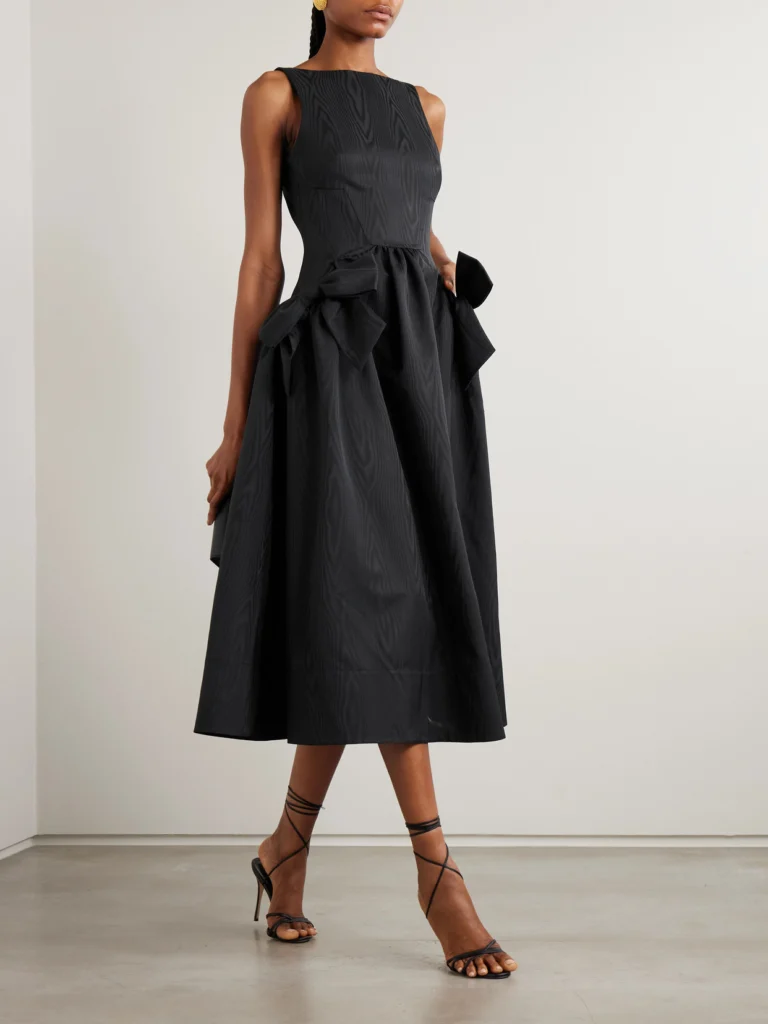 Rebecca Vallance Narcissa Bow-embellished Gathered Moire Midi Dress